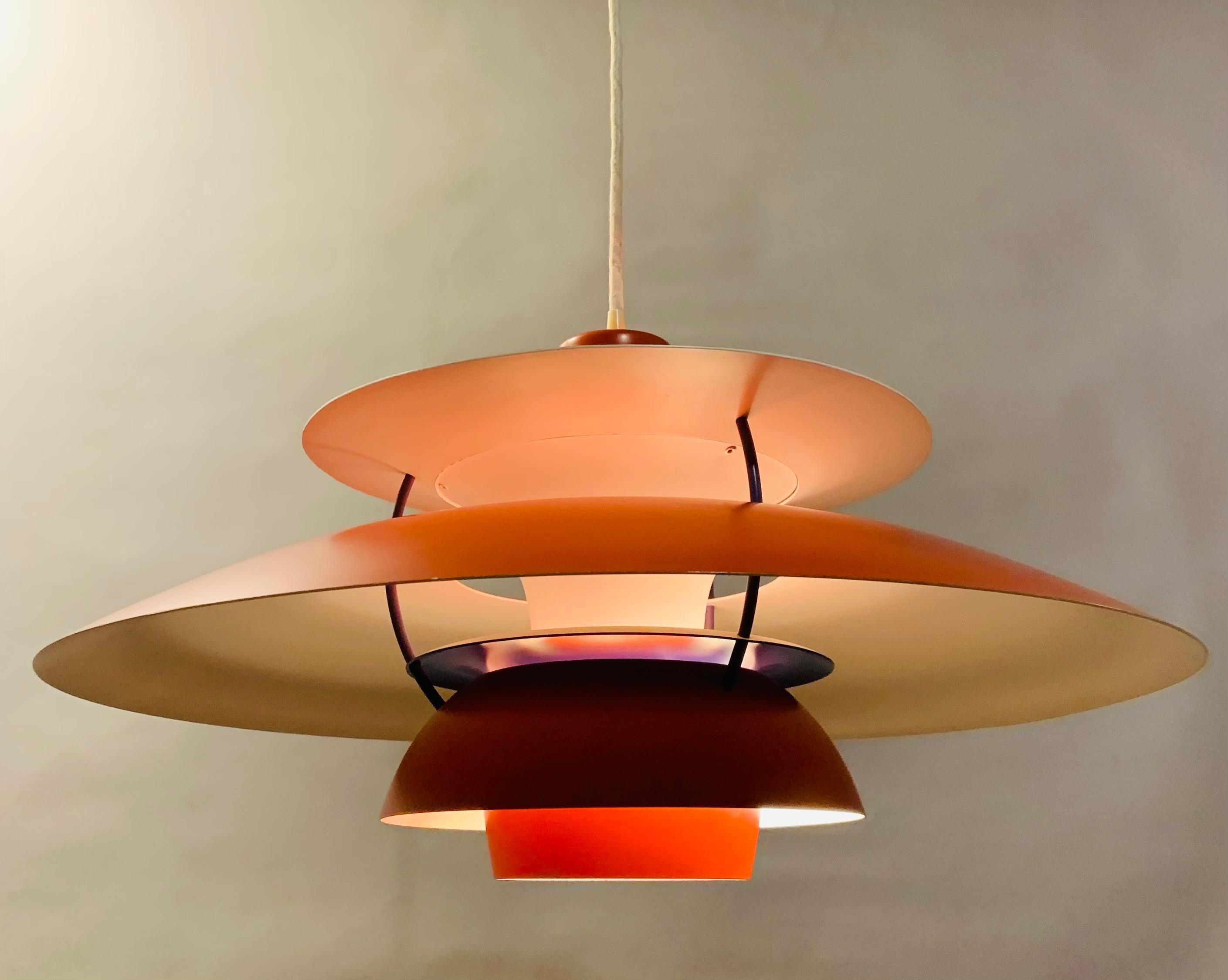 Danish 1960s,space-age, UFO shaped, mid century, large orange/rust coloured, white and blue hanging pendant light. This timeless design Model - PH5 pendant light was designed by Poul Henningsen for Louis Poulsen in 1956. This lacquered metal light