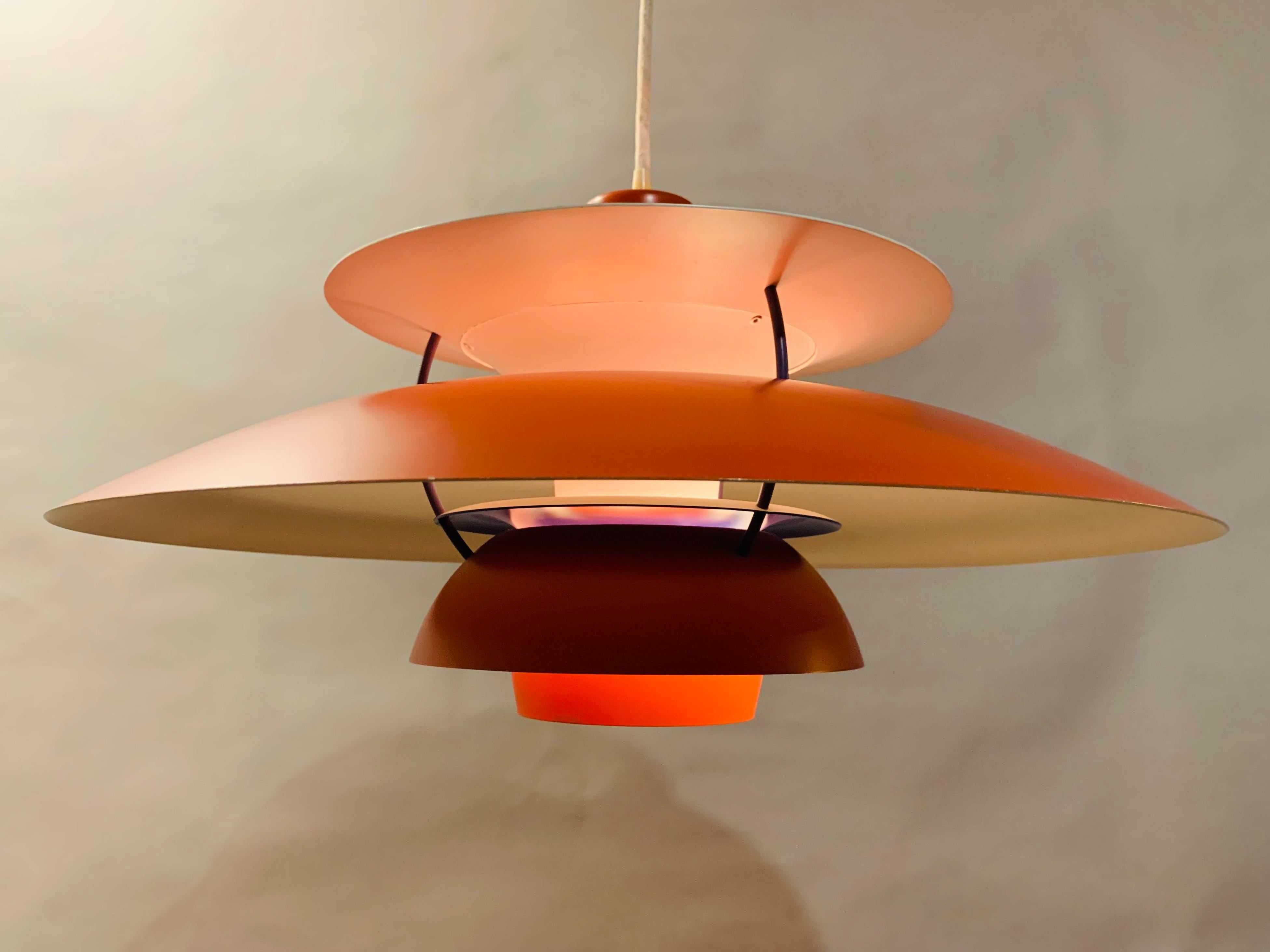 Mid-Century Modern 1960s Ph5 Poul Henningsen For Louis Poulsen Orange & White Hanging Pendant Light