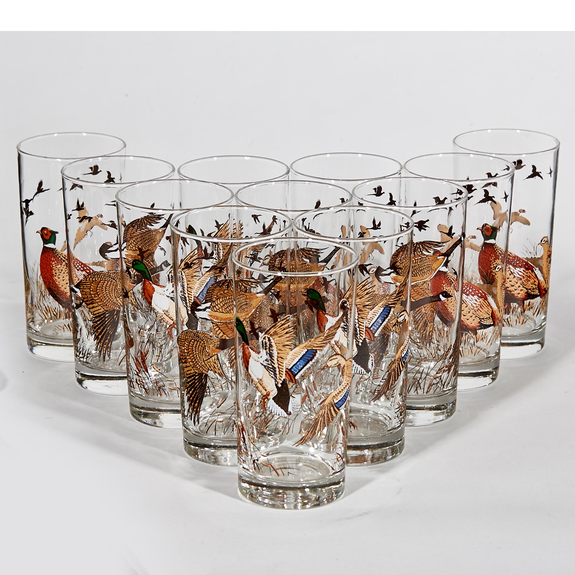 Vintage set of 12 glass bar tumblers with Pheasant bird designs. Very good used condition.