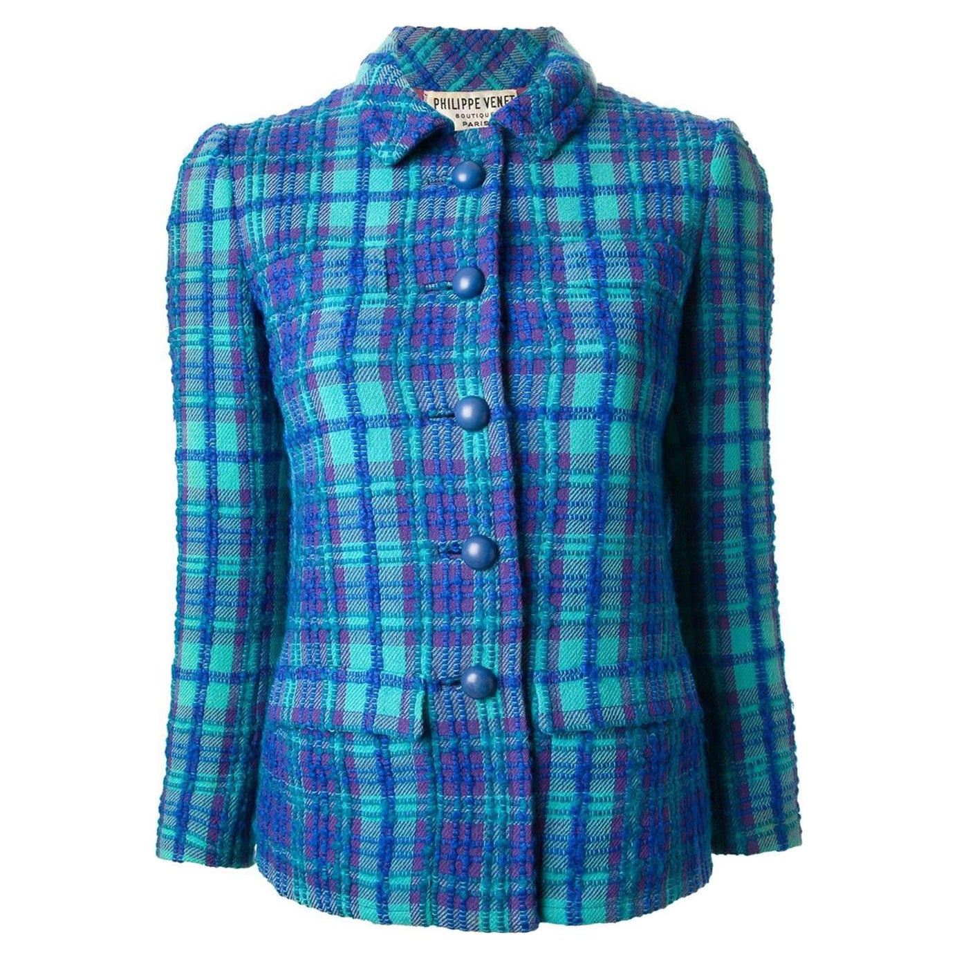 Blaue gewebte Wolljacke von Philippe Venet aus den 1960er Jahren im Angebot