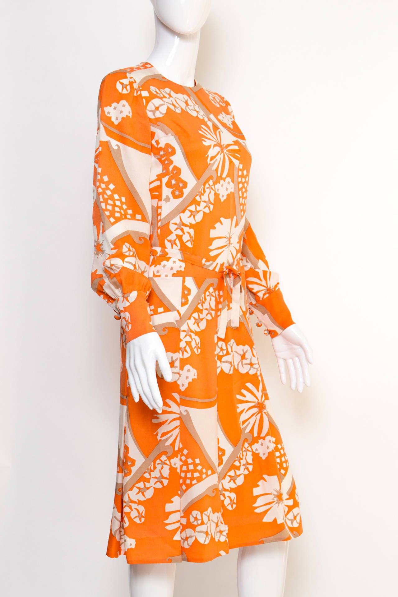 Orange 1960s Philippe Venet Silk Printed Dress For Sale