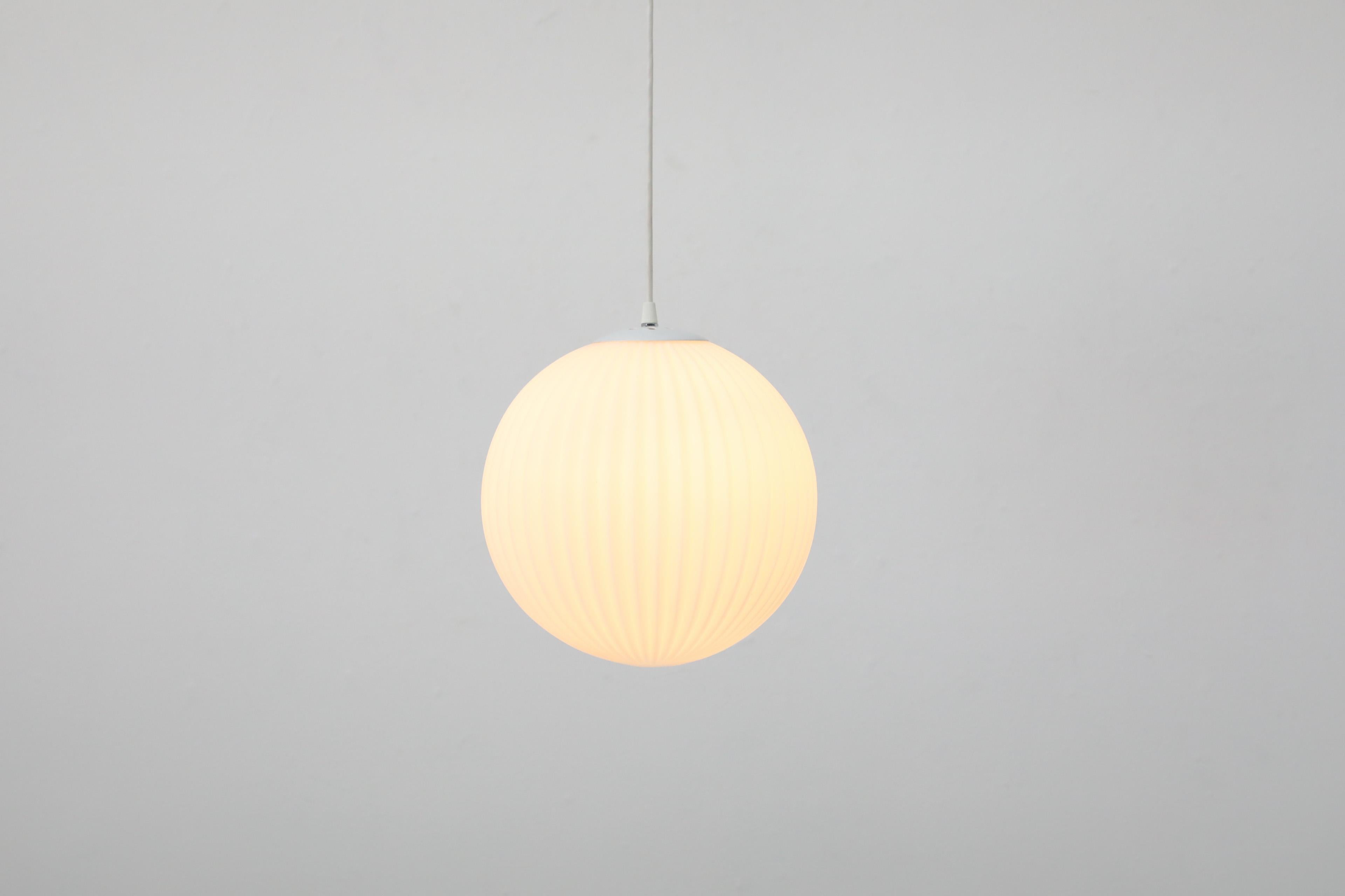 Mid-Century Modern 1960s Philips Attributed Ribbed Milk Glass Globe Pendant Light