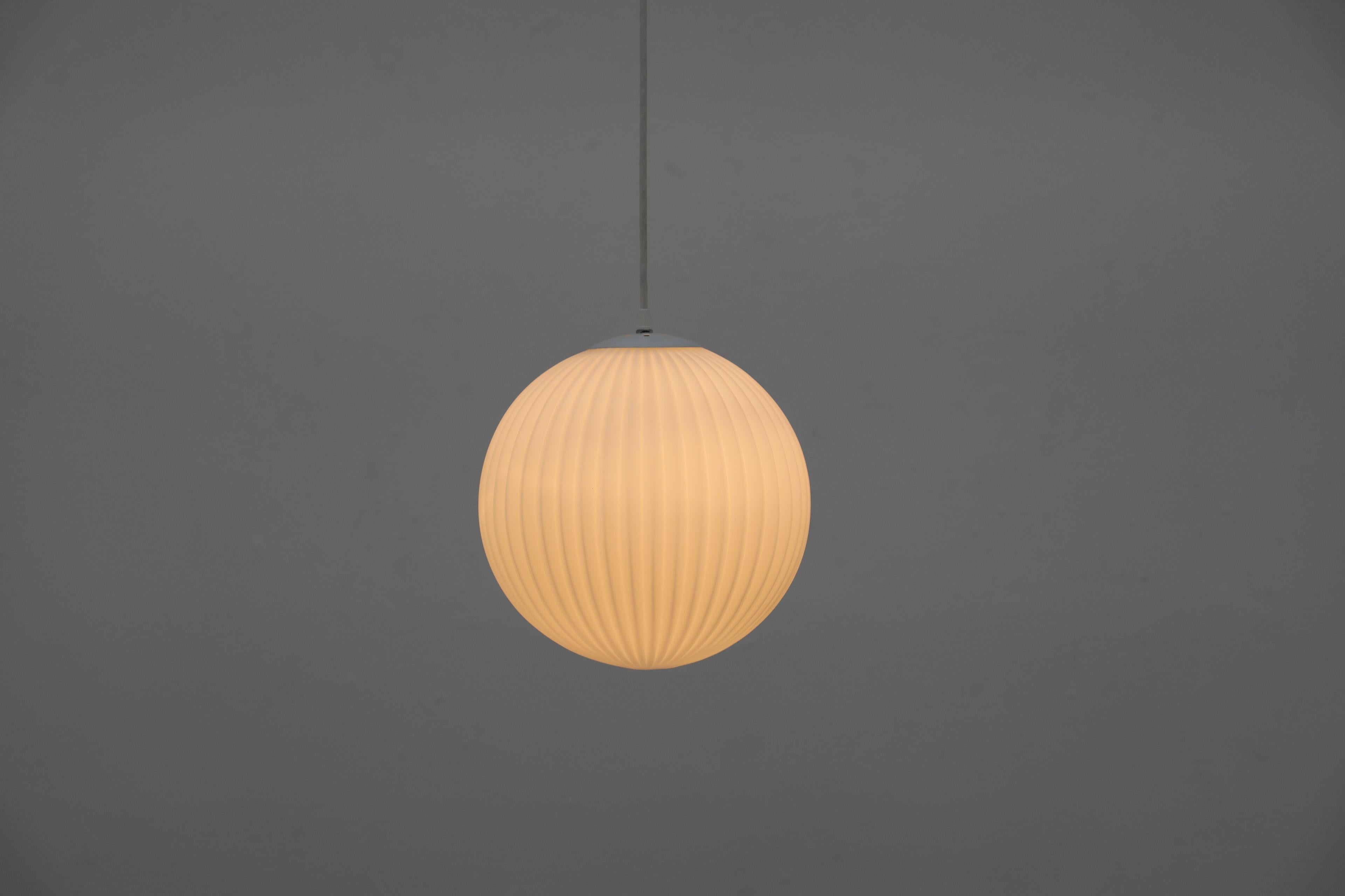 Dutch 1960s Philips Attributed Ribbed Milk Glass Globe Pendant Light