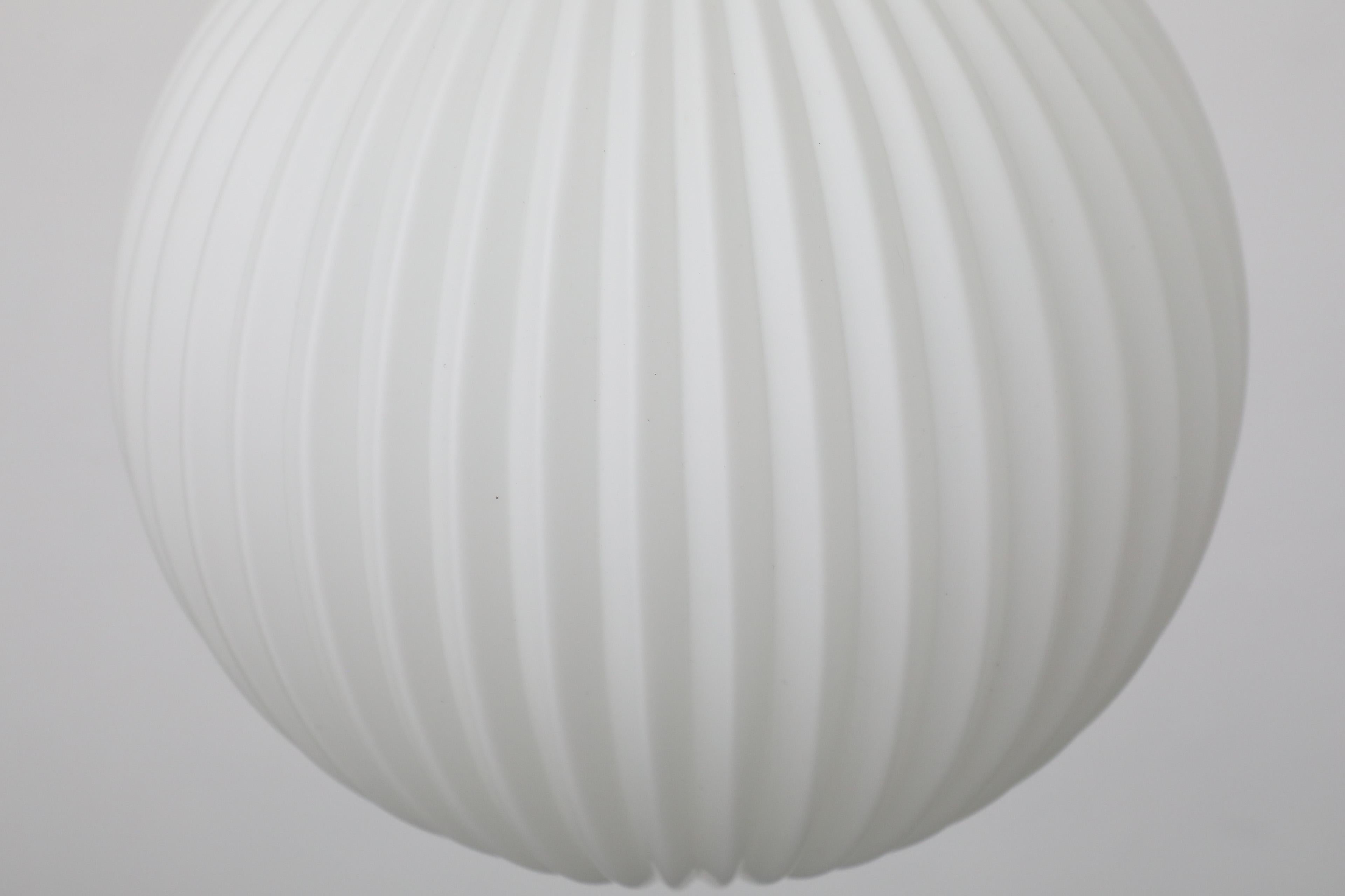 Enameled 1960s Philips Attributed Ribbed Milk Glass Globe Pendant Light