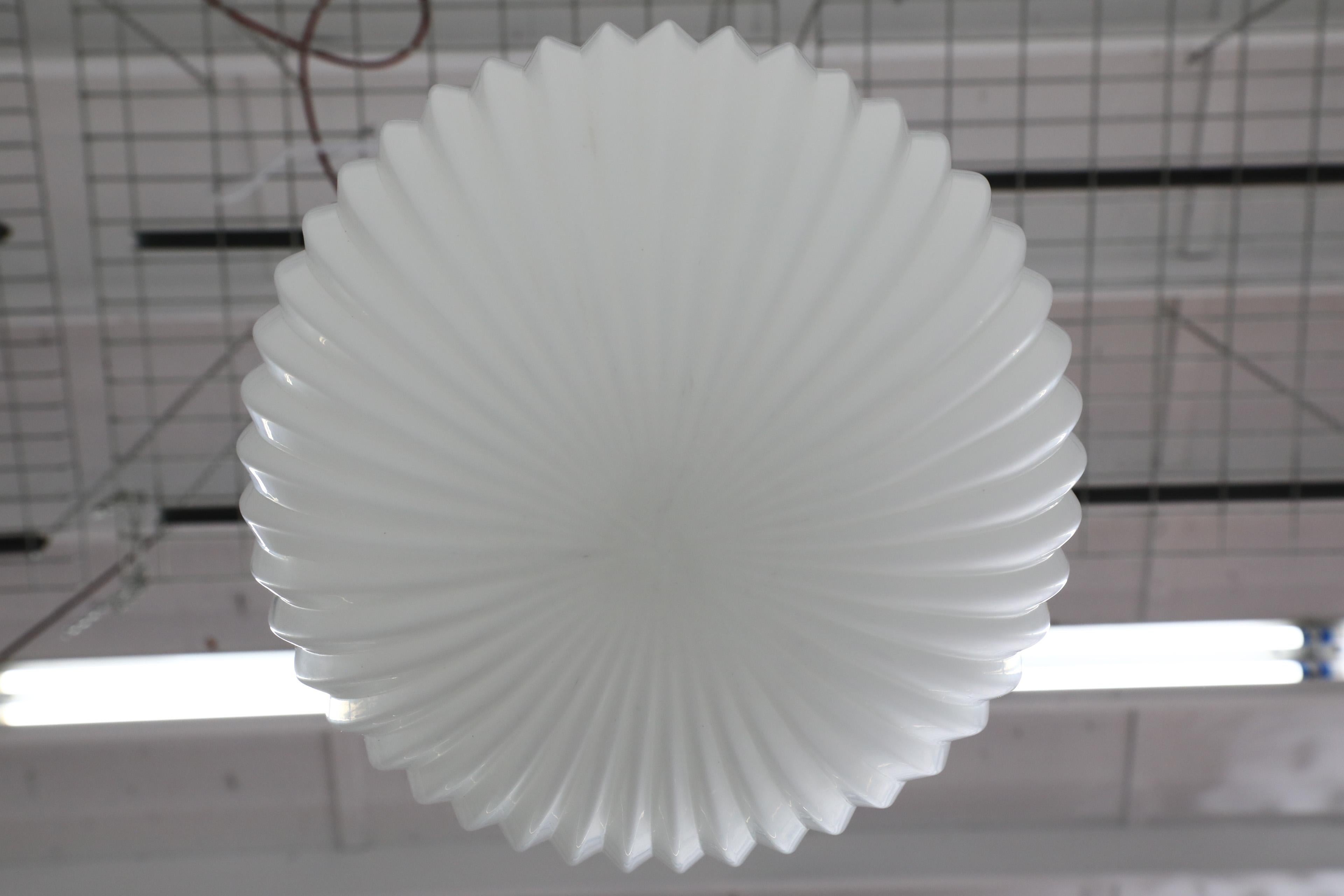 Metal 1960s Philips Attributed Ribbed Milk Glass Globe Pendant Light