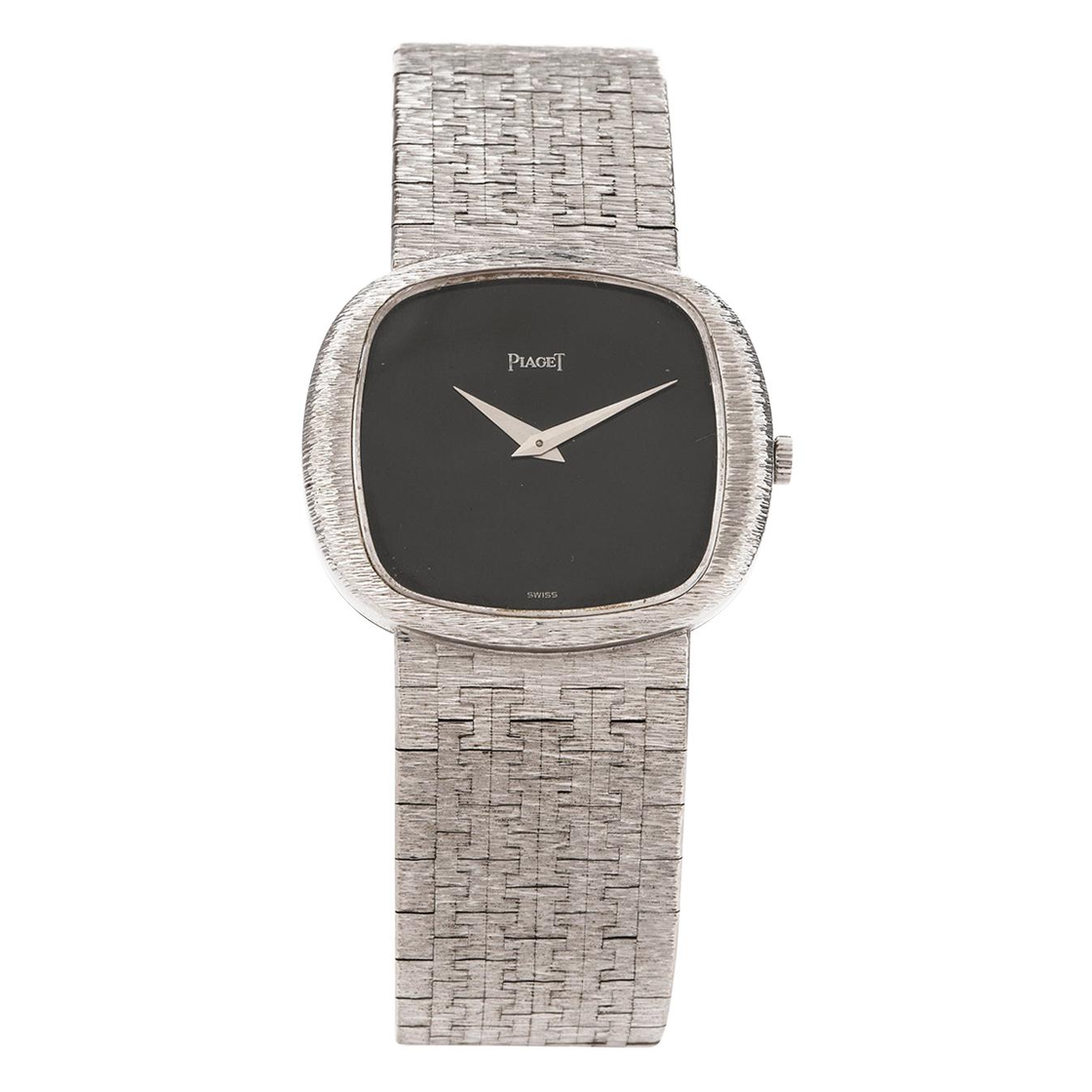 1960s Piaget Black Onyx Dial 18 Karat White Gold Mesh Strap Watch