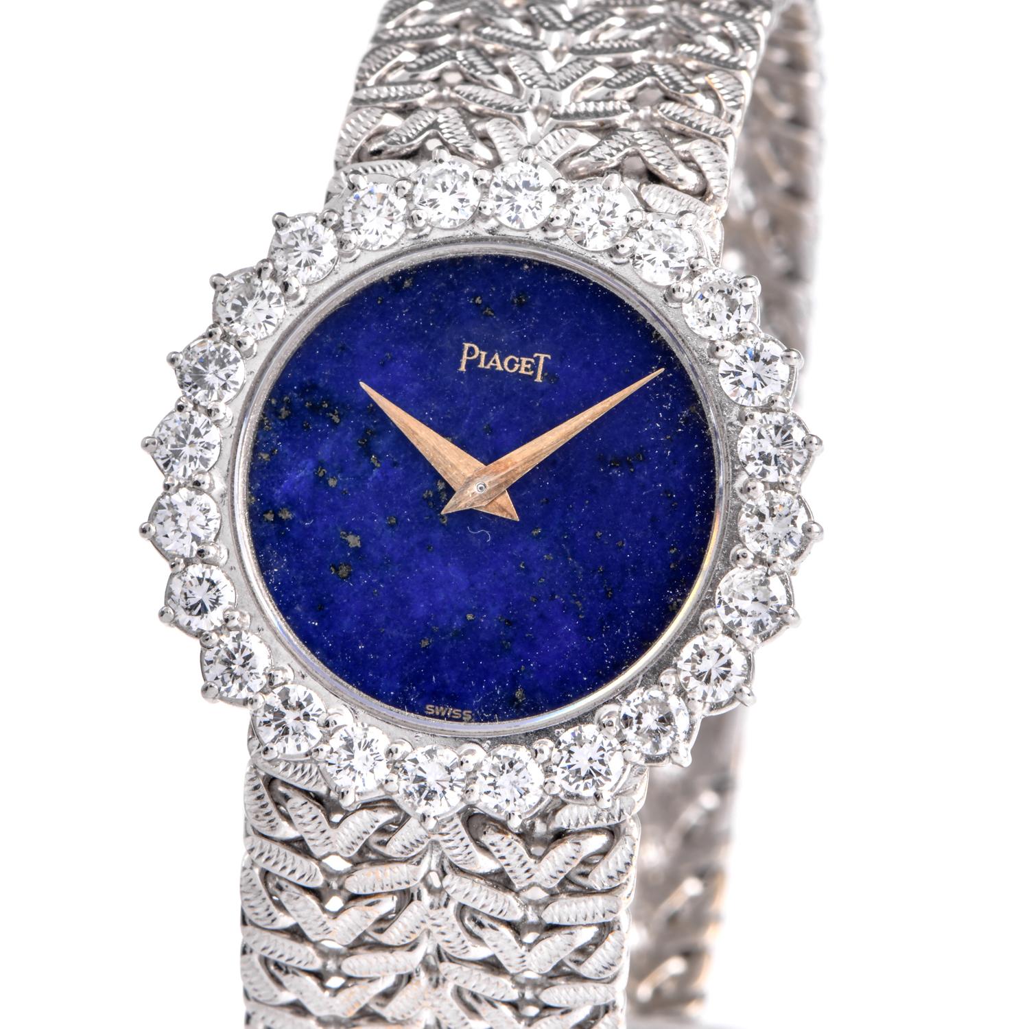 This stunning Vintage wristwatch from the renowned luxury brand, Piaget, is celebrated for its exceptional timepieces and exquisite jewelry. This timepiece showcases a 28mm Lapis dial, expertly crafted in 18K white gold, adorned with round brilliant