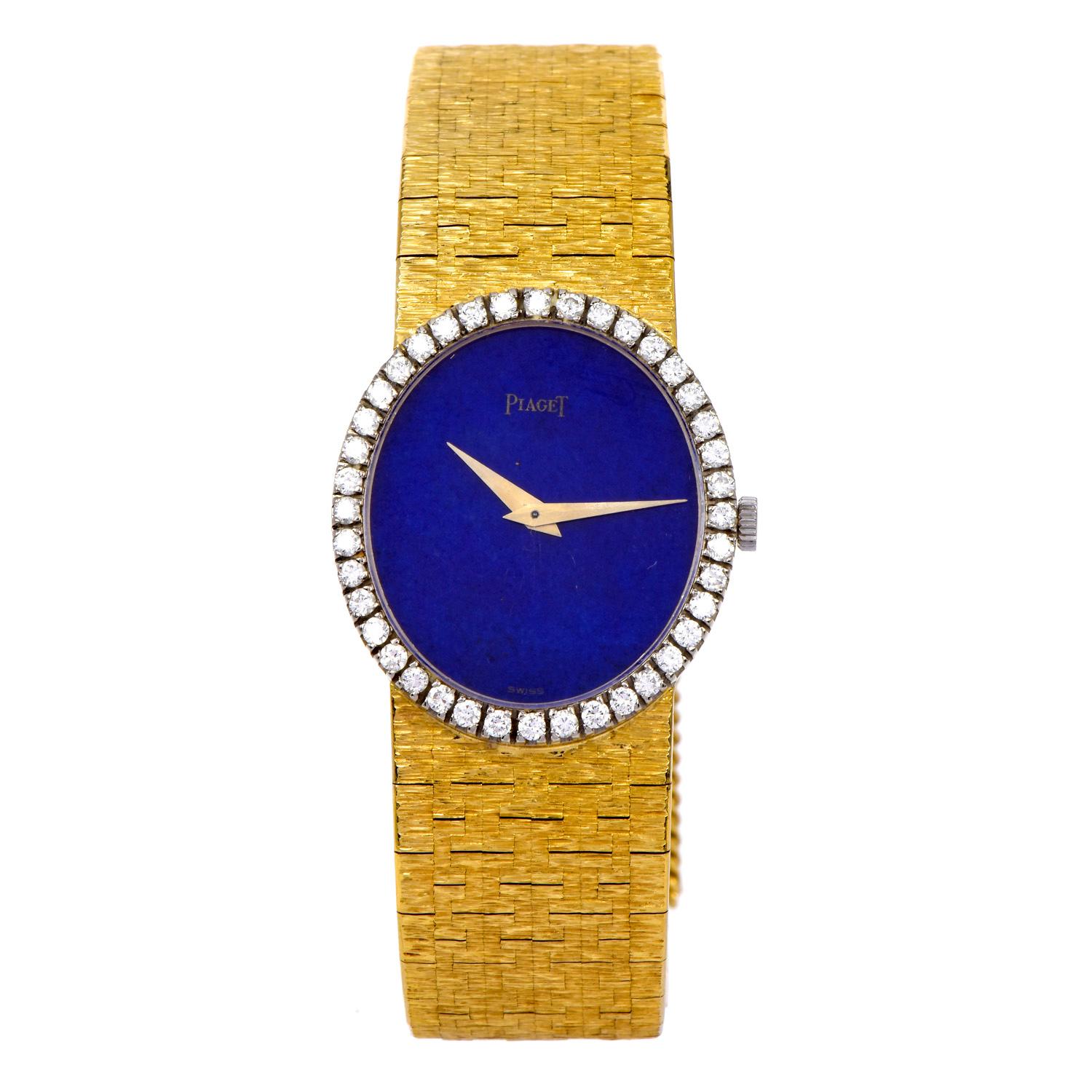 Circa Late 1960’s designer Piaget ladies watch crafted in solid 18-karat yellow gold. 

Embellished with factory set diamond. Sapphire Crystal, Genuine Lapis Dial, 24mm case( without Crown), and 40 factory set round diamonds approx. 0.70 carats, E-F