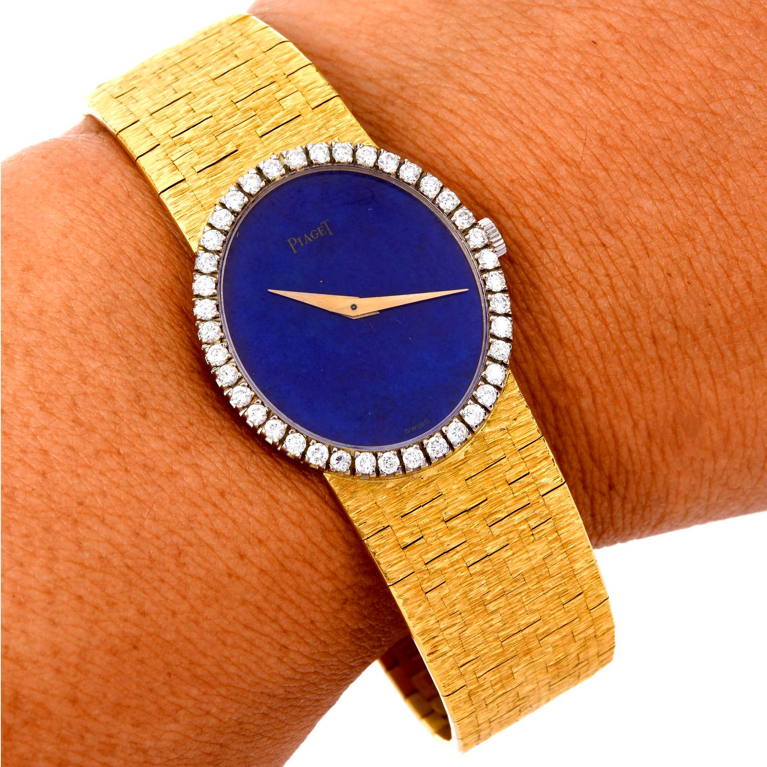 Retro 1960's Piaget Diamond Lapis Dial 18 Karat Yellow Gold Ladies Watch