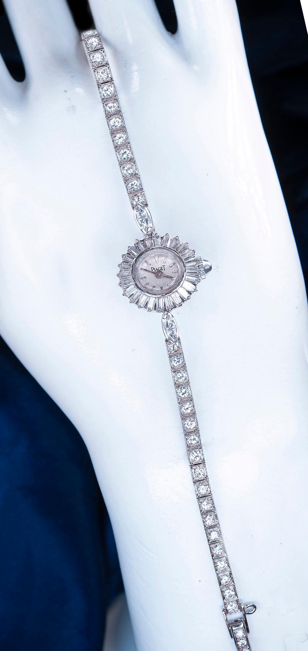 Retro 1960s Piaget Platinum Triple Diamond Cut Sun Spray Tennis Style Bracelet Watch