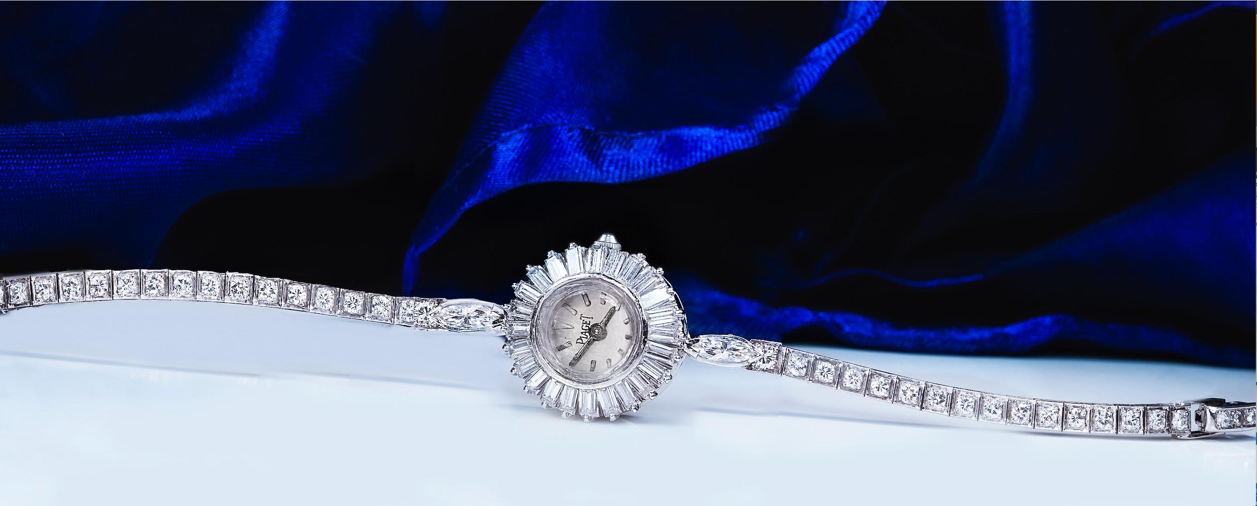 1960s Piaget Platinum Triple Diamond Cut Sun Spray Tennis Style Bracelet Watch 1