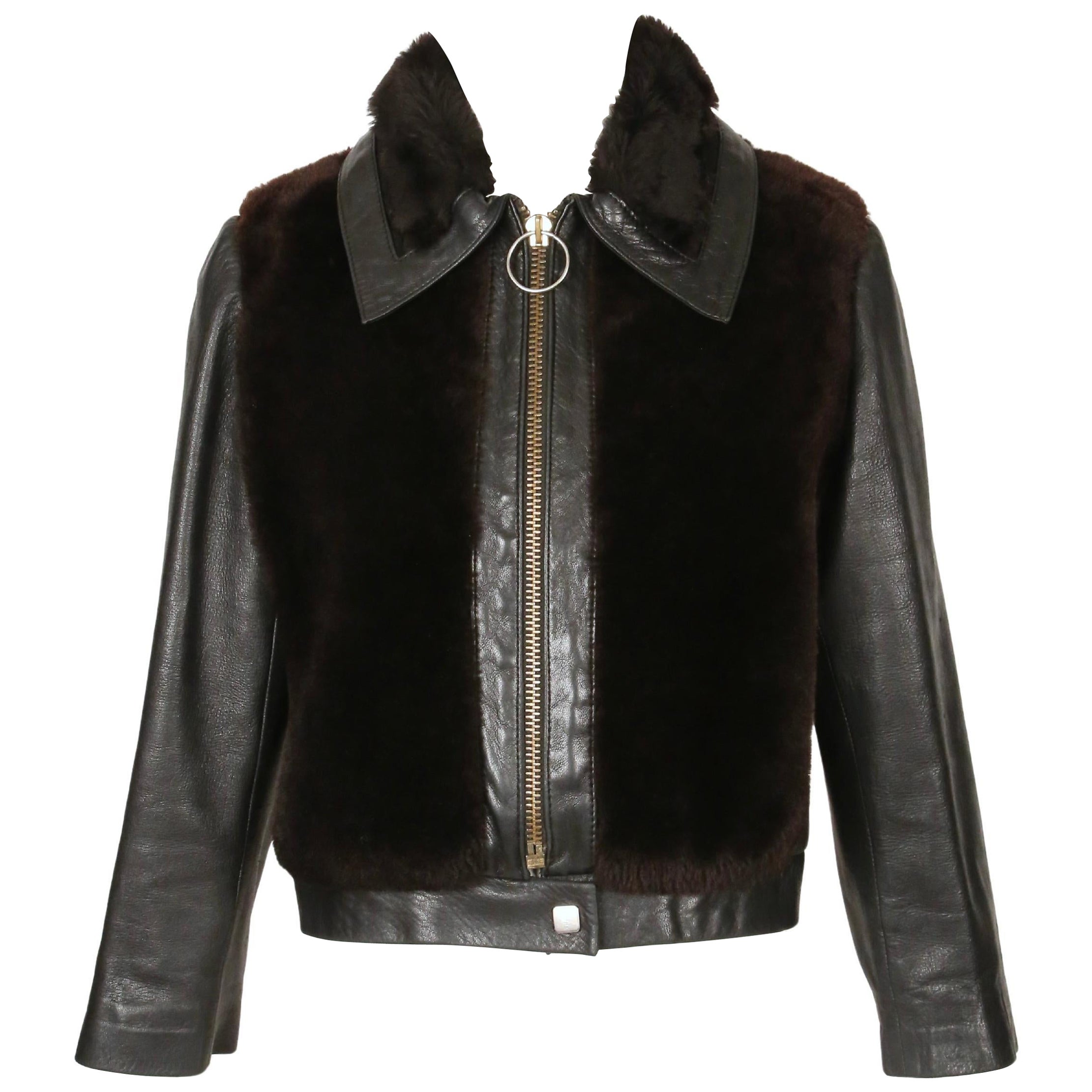 1960's PIERRE CARDIN black leather and brown shearling jacket