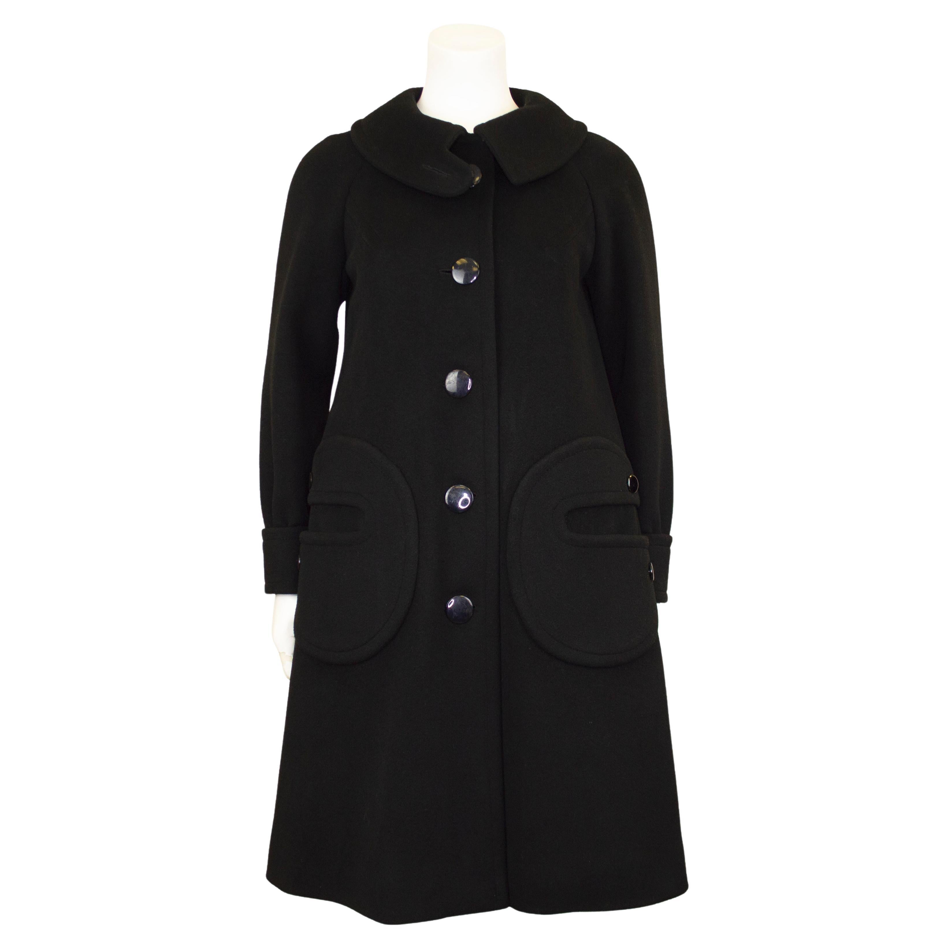 1960s Pierre Cardin Black Wool Mod Swing Coat  en vente