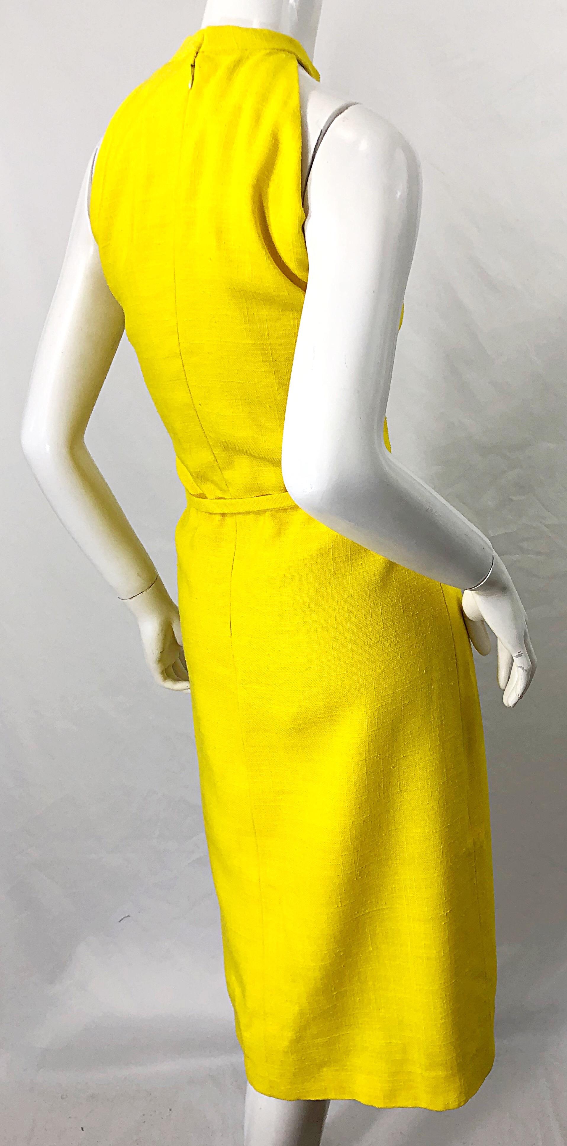 1960s Pierre Cardin Canary Yellow Linen Belted Vintage 60s Sleeveless Dress 3