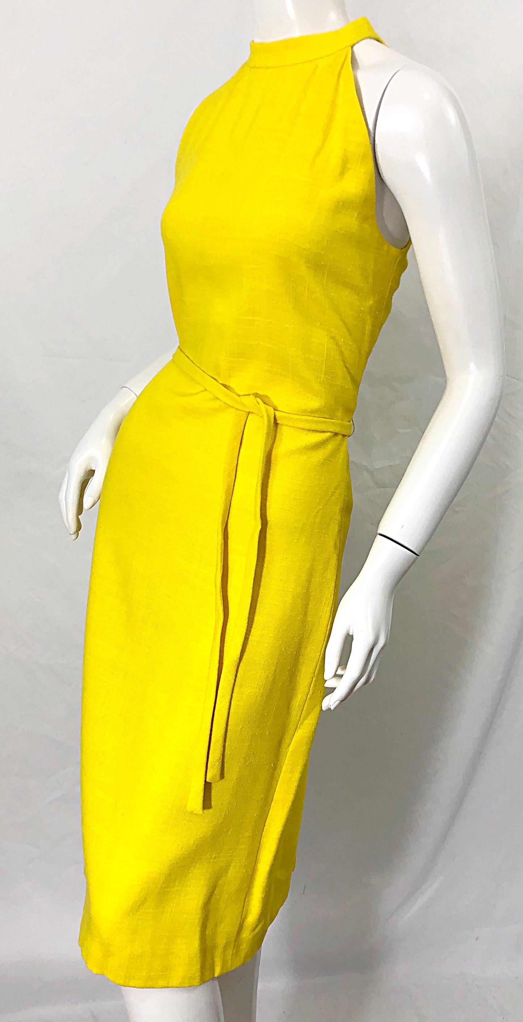 1960s Pierre Cardin Canary Yellow Linen Belted Vintage 60s Sleeveless Dress 4