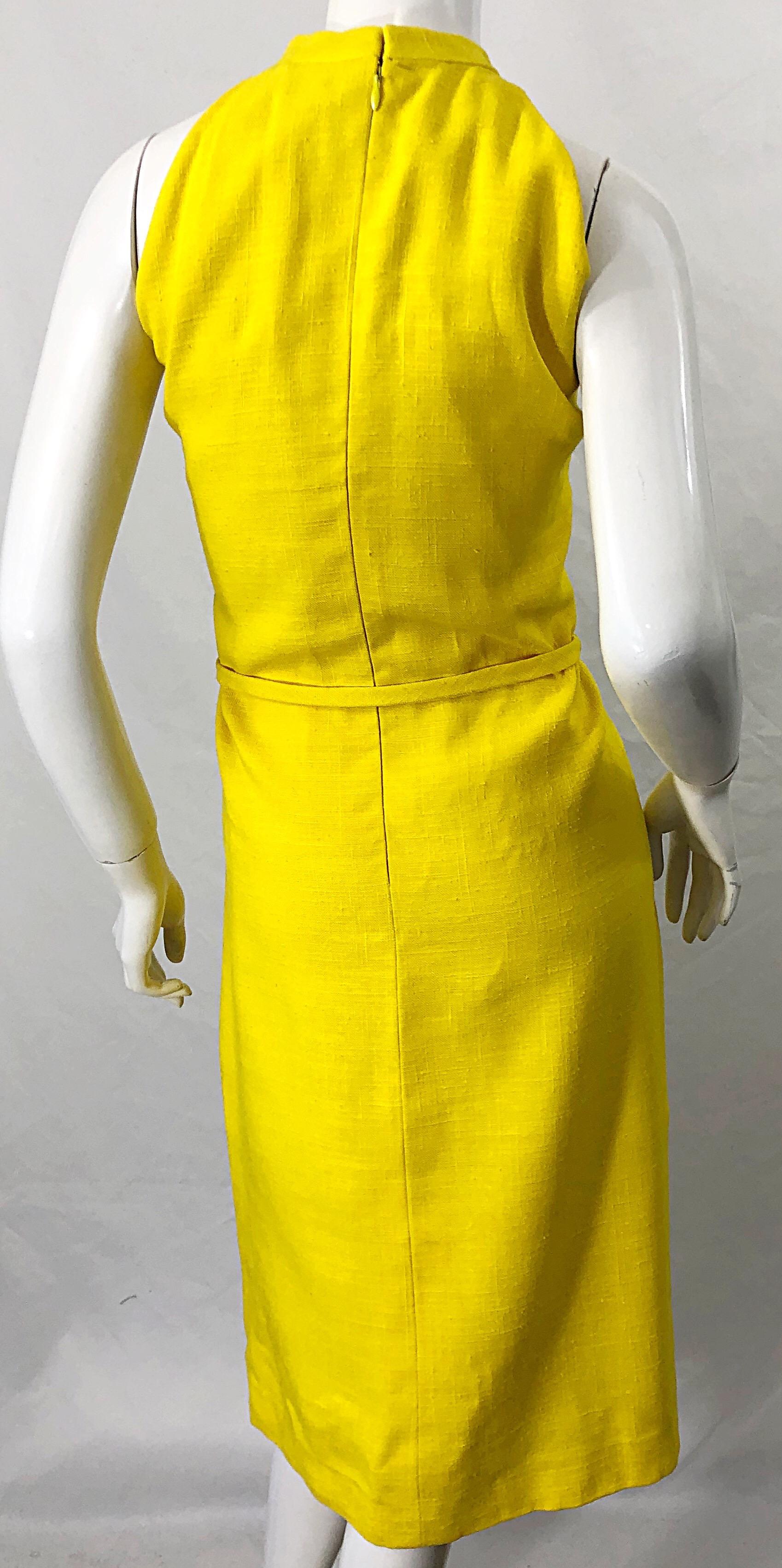 1960s Pierre Cardin Canary Yellow Linen Belted Vintage 60s Sleeveless Dress 5