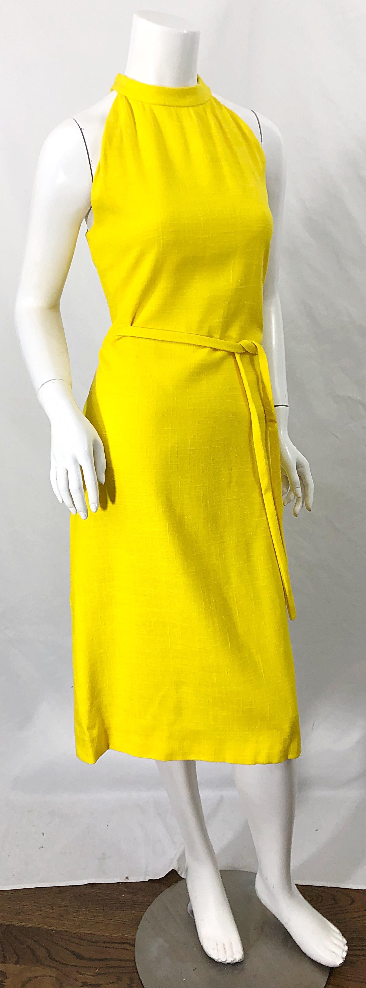 1960s Pierre Cardin Canary Yellow Linen Belted Vintage 60s Sleeveless Dress 6