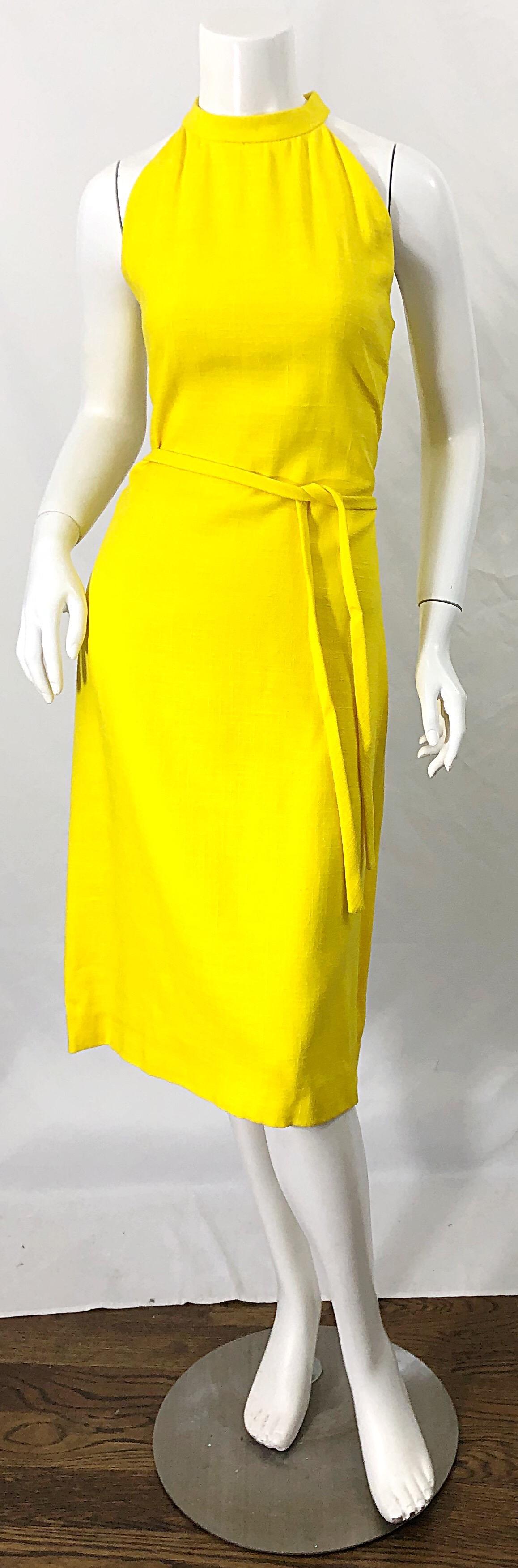 1960s Pierre Cardin Canary Yellow Linen Belted Vintage 60s Sleeveless Dress 7