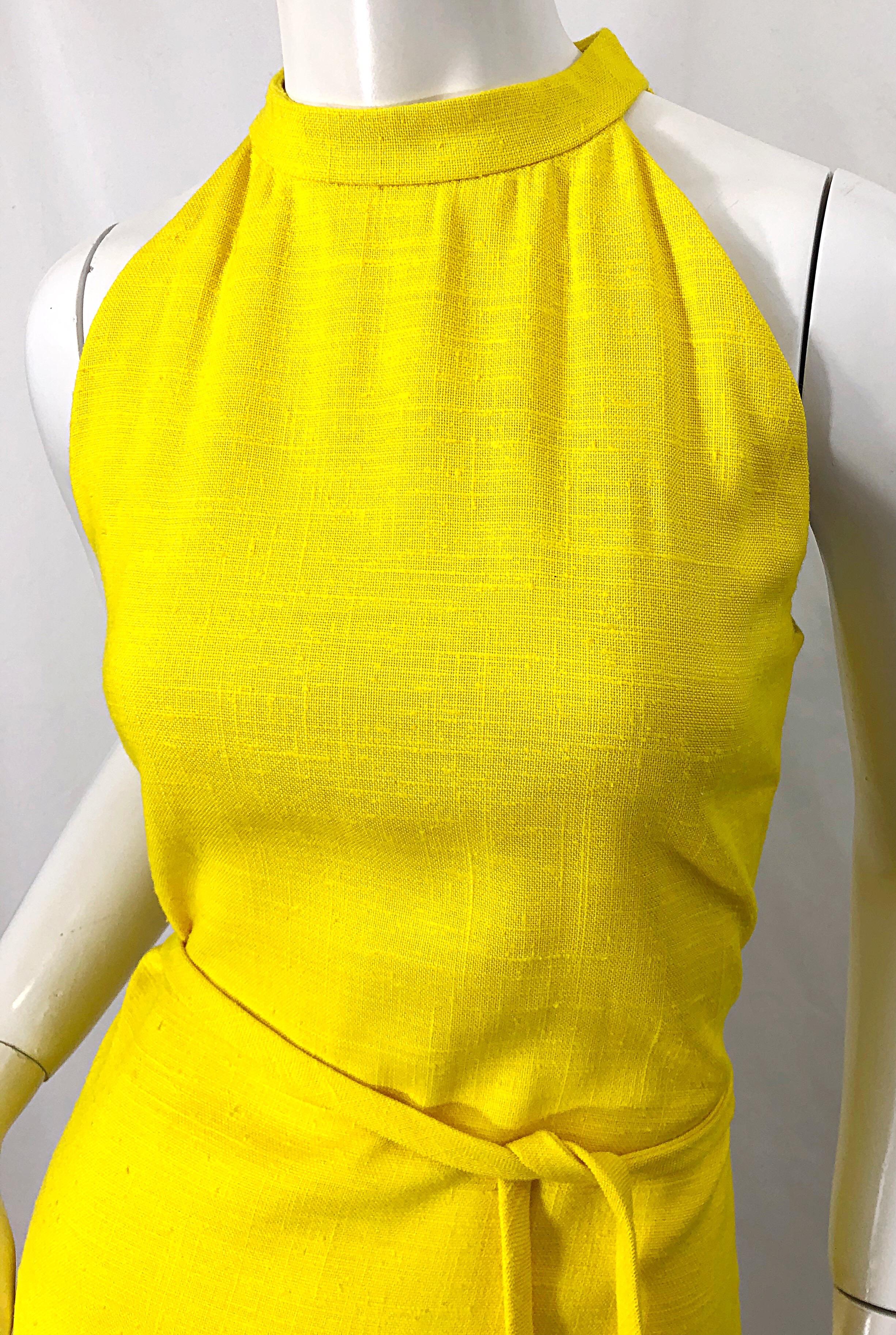 1960s Pierre Cardin Canary Yellow Linen Belted Vintage 60s Sleeveless Dress In Excellent Condition In San Diego, CA