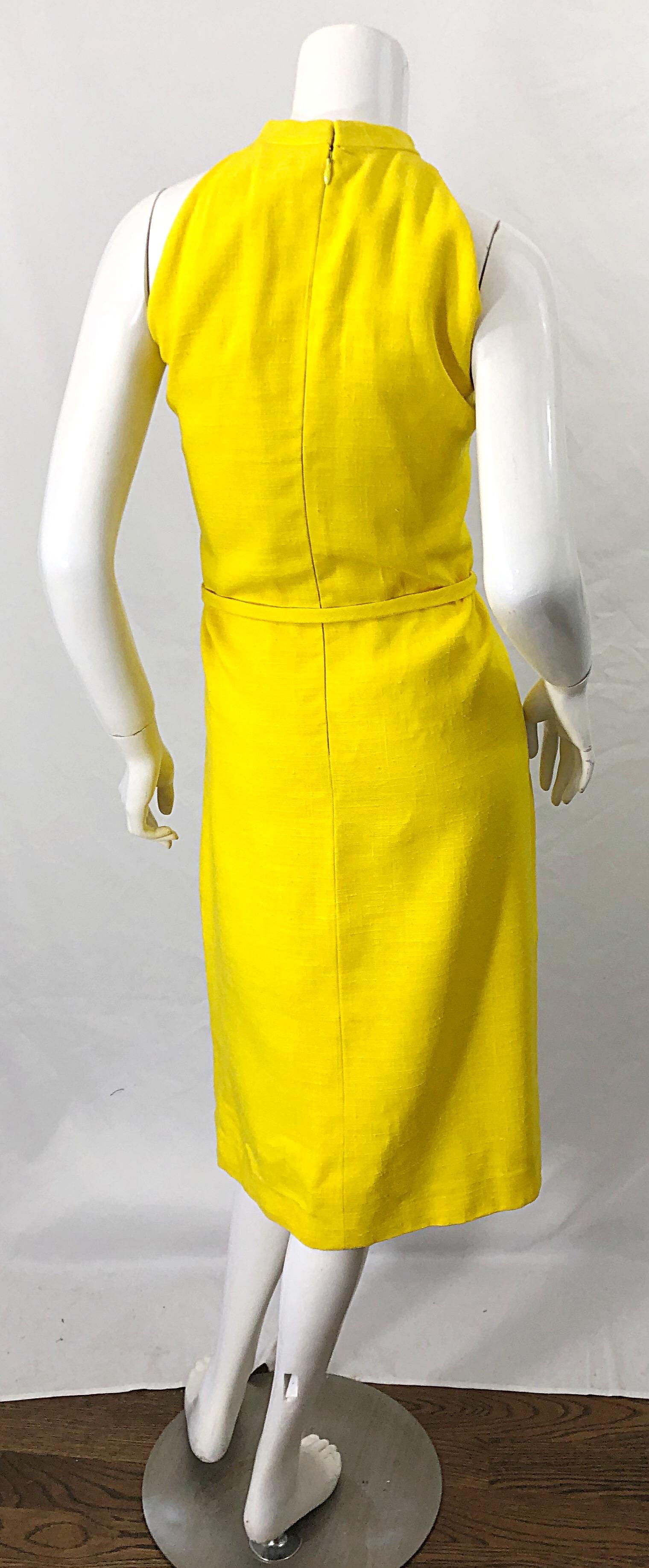 Women's 1960s Pierre Cardin Canary Yellow Linen Belted Vintage 60s Sleeveless Dress