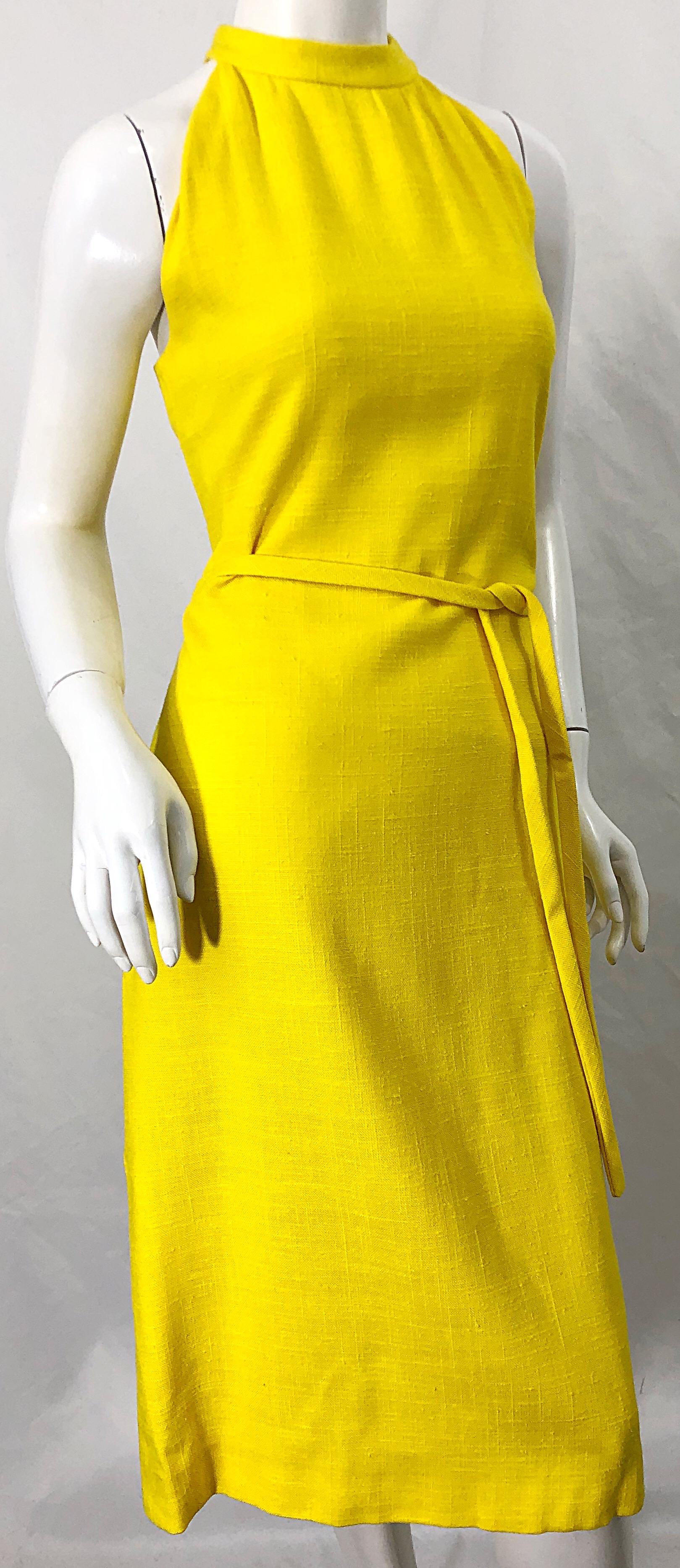 1960s Pierre Cardin Canary Yellow Linen Belted Vintage 60s Sleeveless Dress 1
