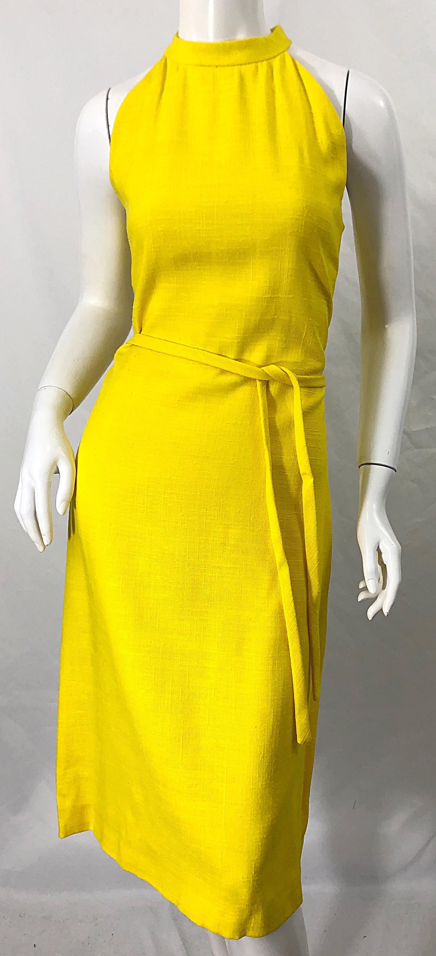 1960s Pierre Cardin Canary Yellow Linen Belted Vintage 60s Sleeveless Dress 2