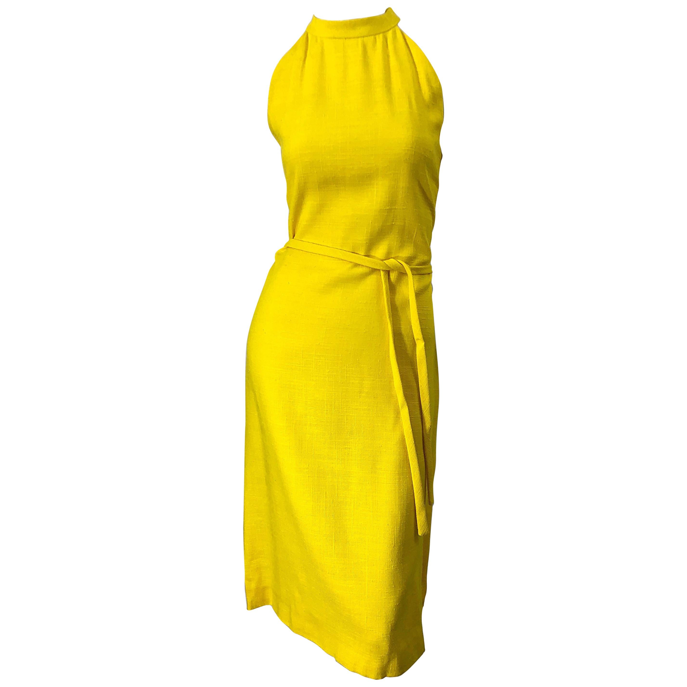 1960s Pierre Cardin Canary Yellow Linen Belted Vintage 60s Sleeveless Dress