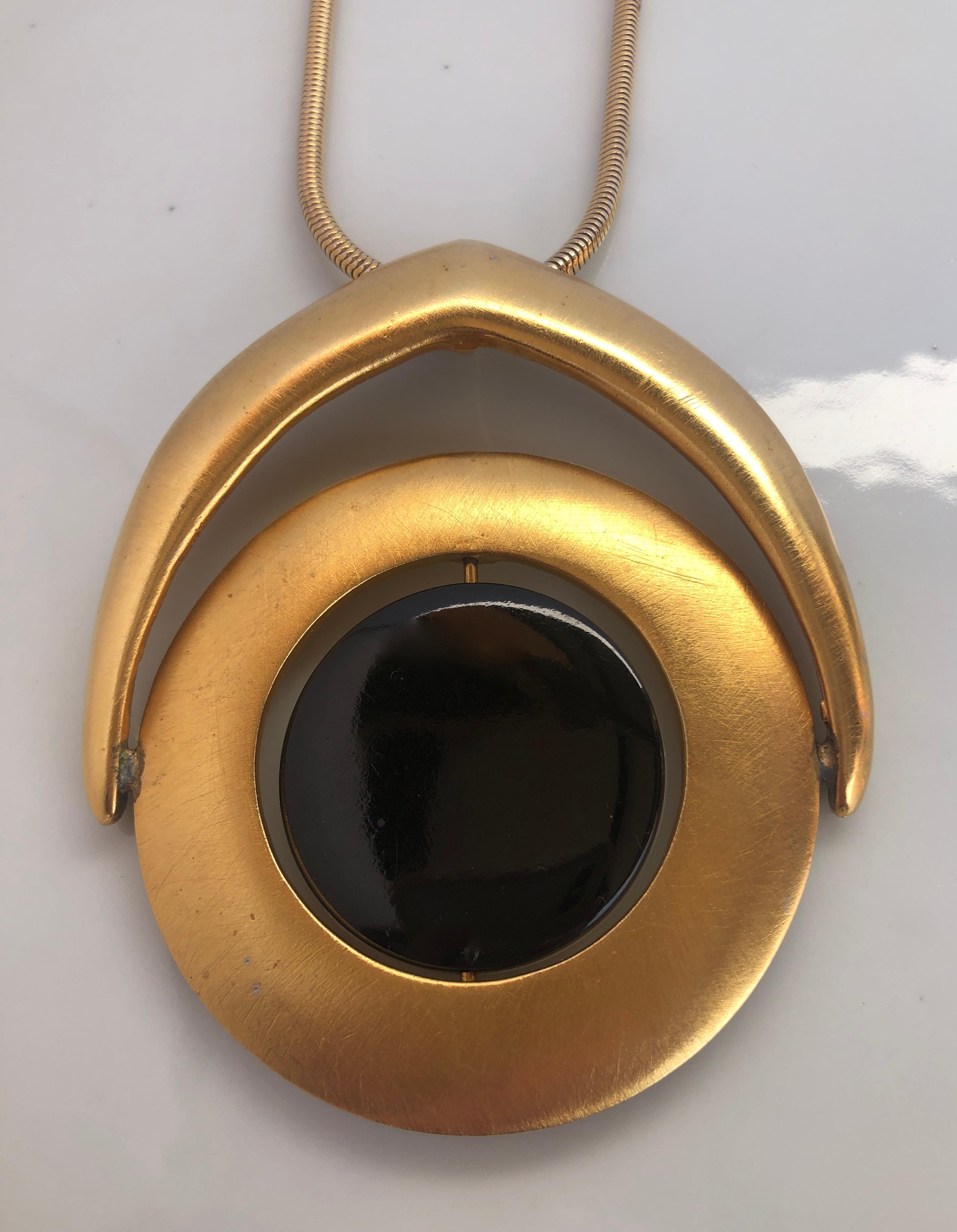 Women's or Men's 1960's Pierre Cardin Gold Plated w/  Enameled Black Metal Center Necklace