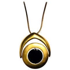 Vintage 1960's Pierre Cardin Gold Plated w/  Enameled Black Metal Center Necklace