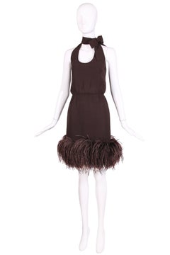Pierre Cardin Mid-1960's Haute Couture Silk Cocktail Dress w/Feather Trim