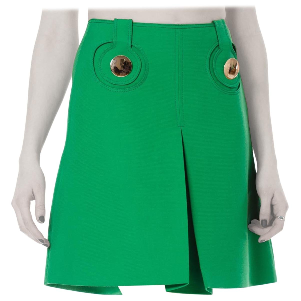 1960S  PIERRE CARDIN Kelly Green Wool Iconic Mod Mini Skirt With Chrome Buttons