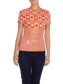 1960'S PIERRE CARDIN Orange & White Silk Geometric Op-Art Mod Sequin Top