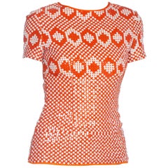 1980er PIERRE CARDIN Orange & Weiß Seide Geometrisches Op-Art Mod Pailletten-Oberteil