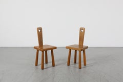1960s Pierre Chapo Style Miniature Fireside Chairs, Solid Oak, Trefoil Cutout