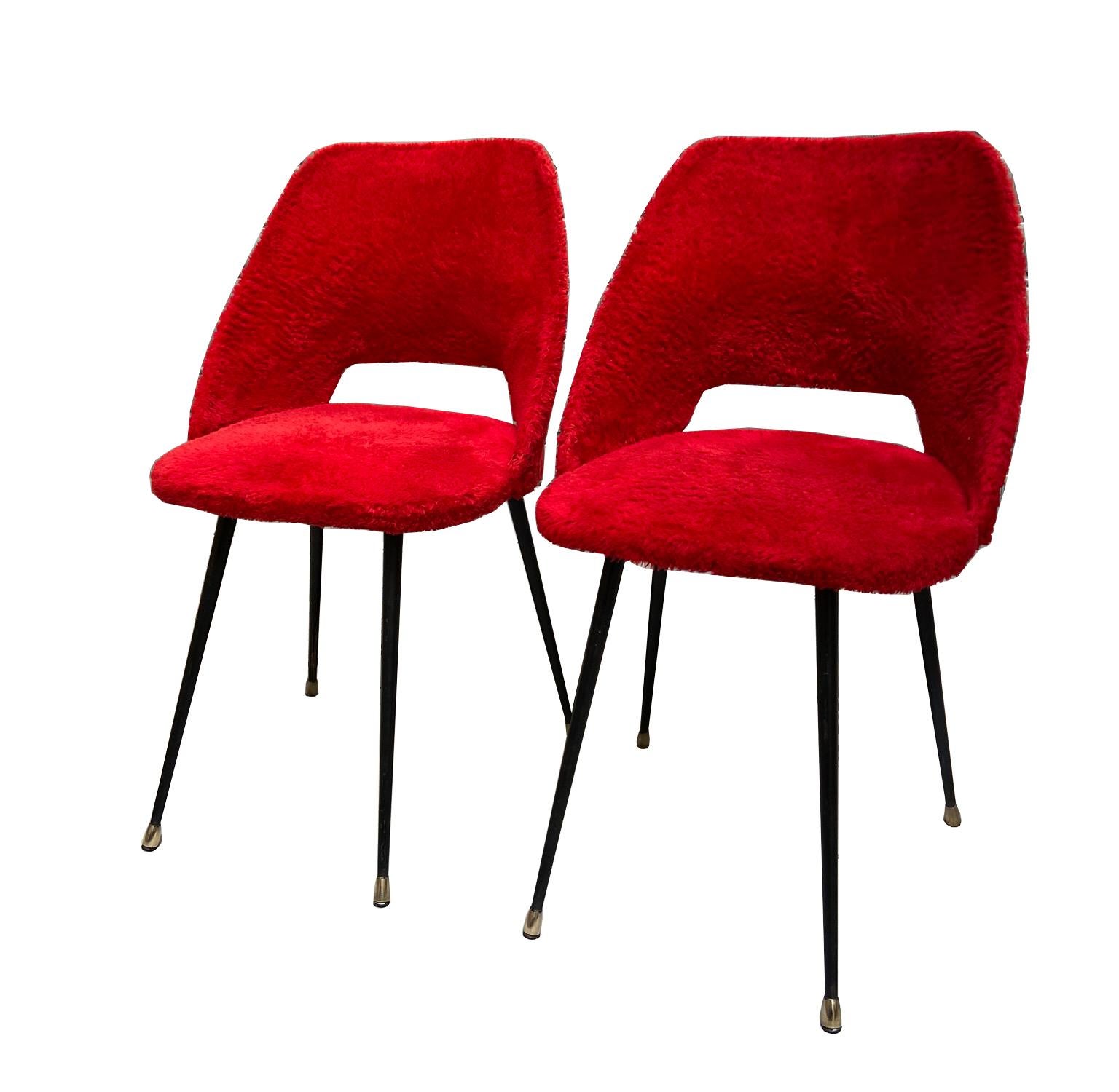 Mid-Century Modern 1960s Pierre Guariche Style Red Furry Fabric French Chairs