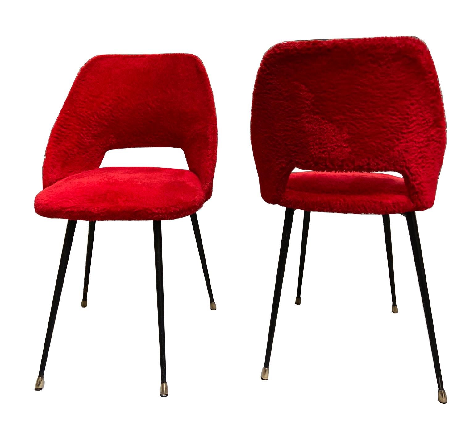 Mid-20th Century 1960s Pierre Guariche Style Red Furry Fabric French Chairs