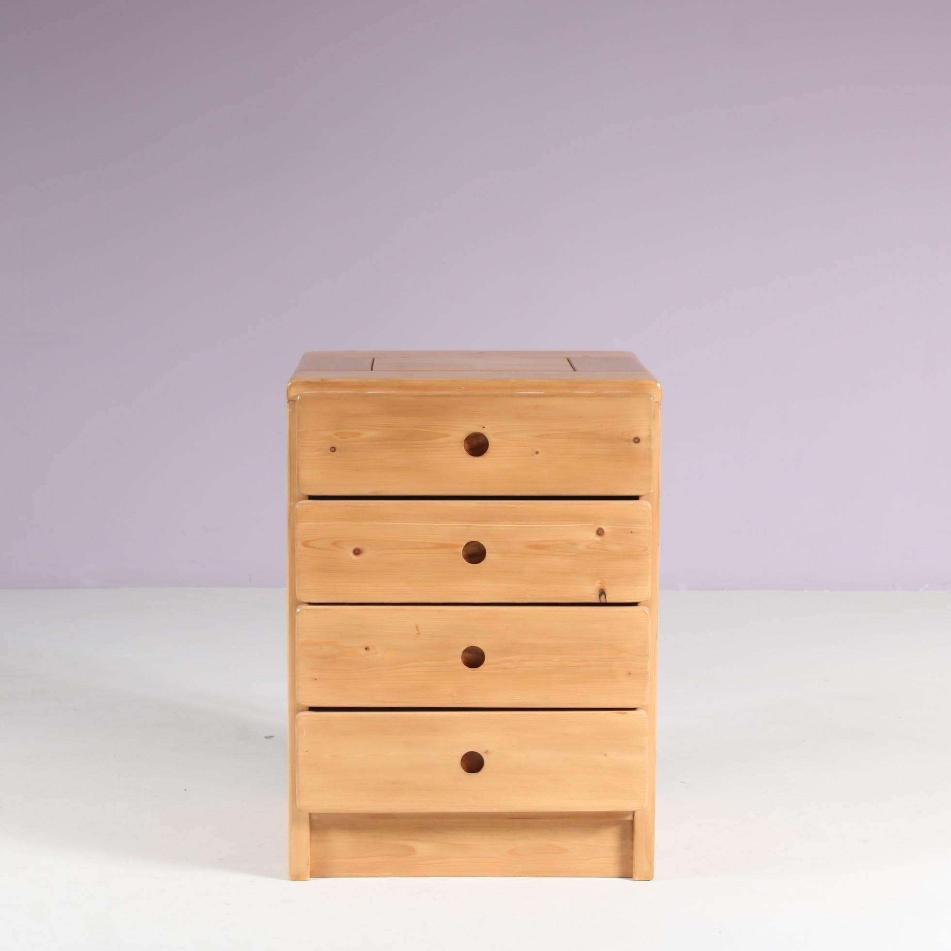 A beautiful pine drawer cabinet designed by Charlotte Perriand for Les Arcs, France in the 1960s.

This exceptional cabinet is a highly recognizable example of Perriand’s iconic design. Crafted from warm pine wood, it has modern lines and a