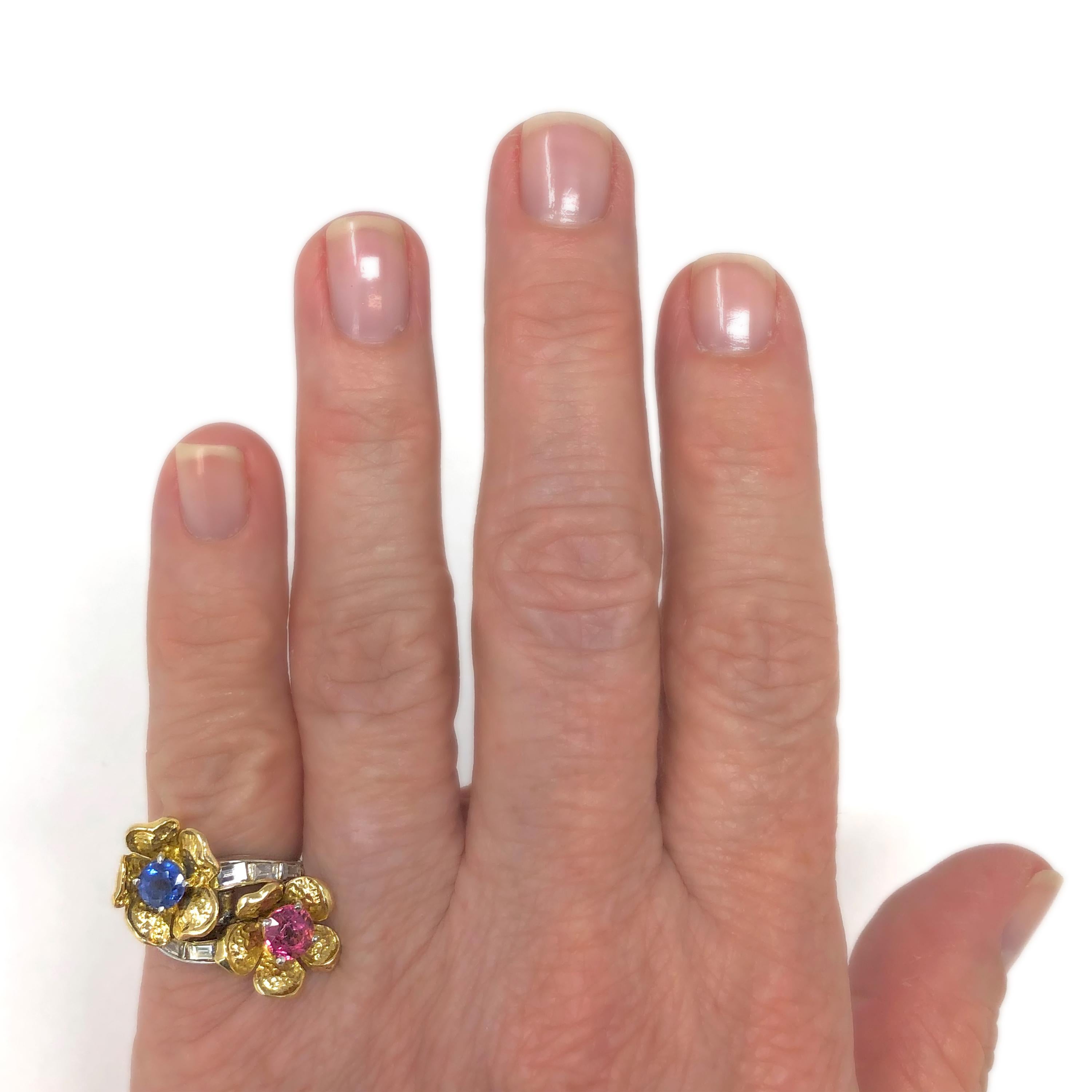 1960s Pink and Blue Sapphire Bypass Ring In Excellent Condition In Miami, FL