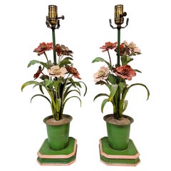1960s Pink and Green Italian Tole Garden Floral Lamps, a Pair