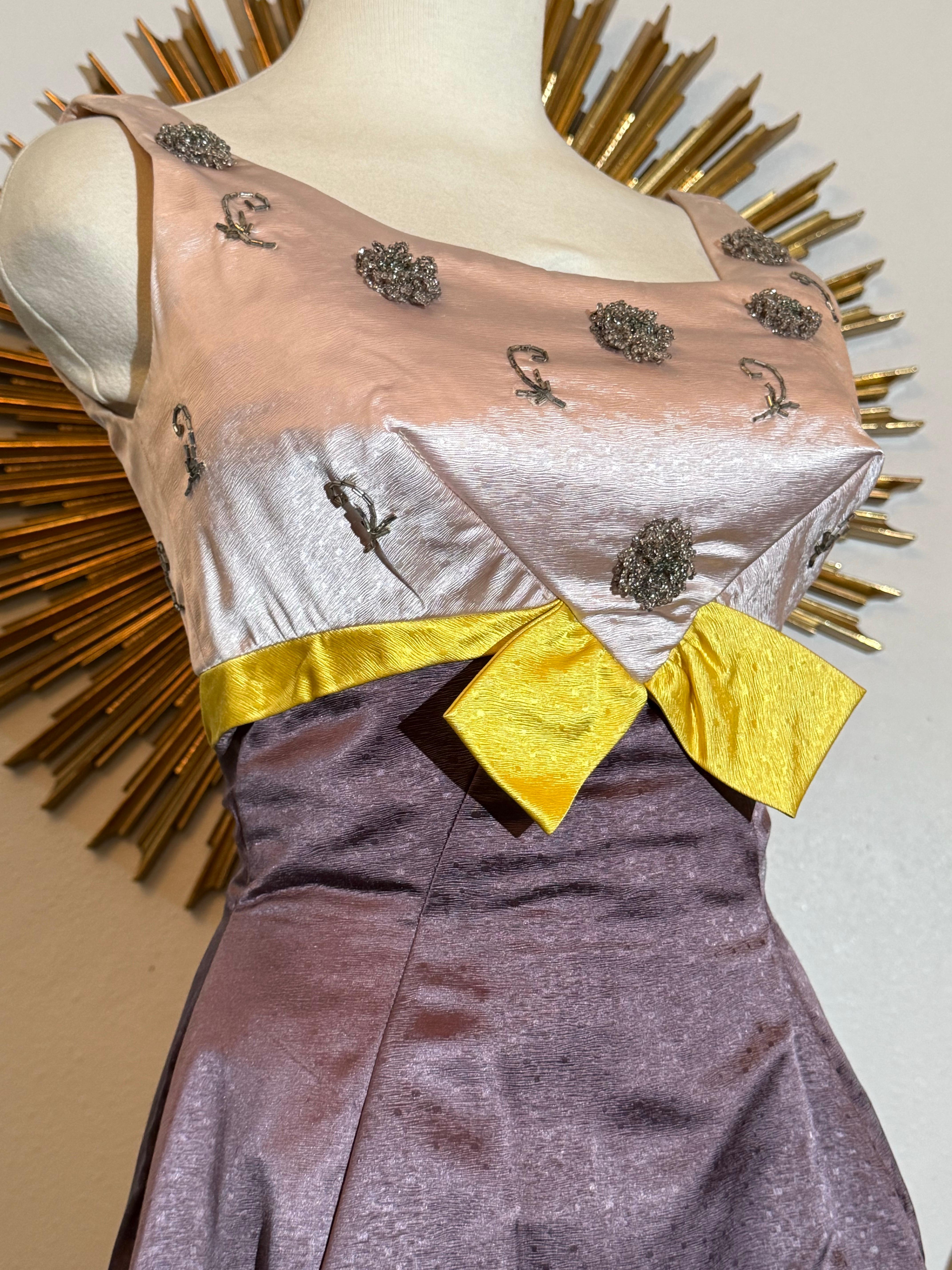 1960s Pink & Aubergine Silk Satin Gown w Beaded Structured Bust & Yellow Accent For Sale 5