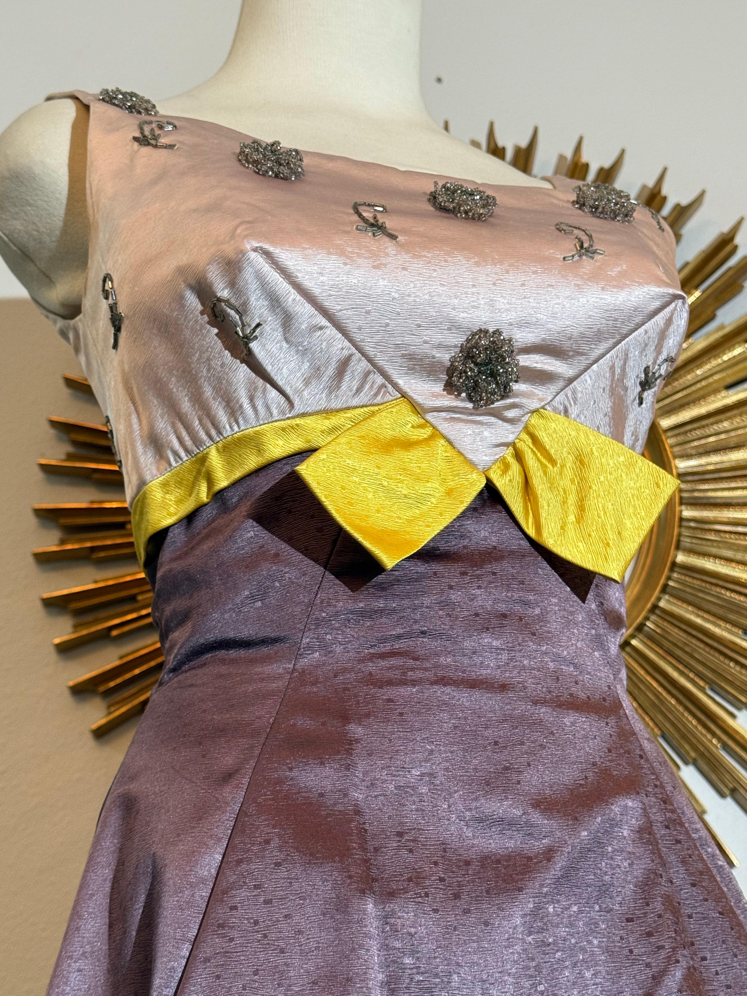 1960s Pink & Aubergine Silk Satin Gown w Beaded Structured Bust & Yellow Accent For Sale 6