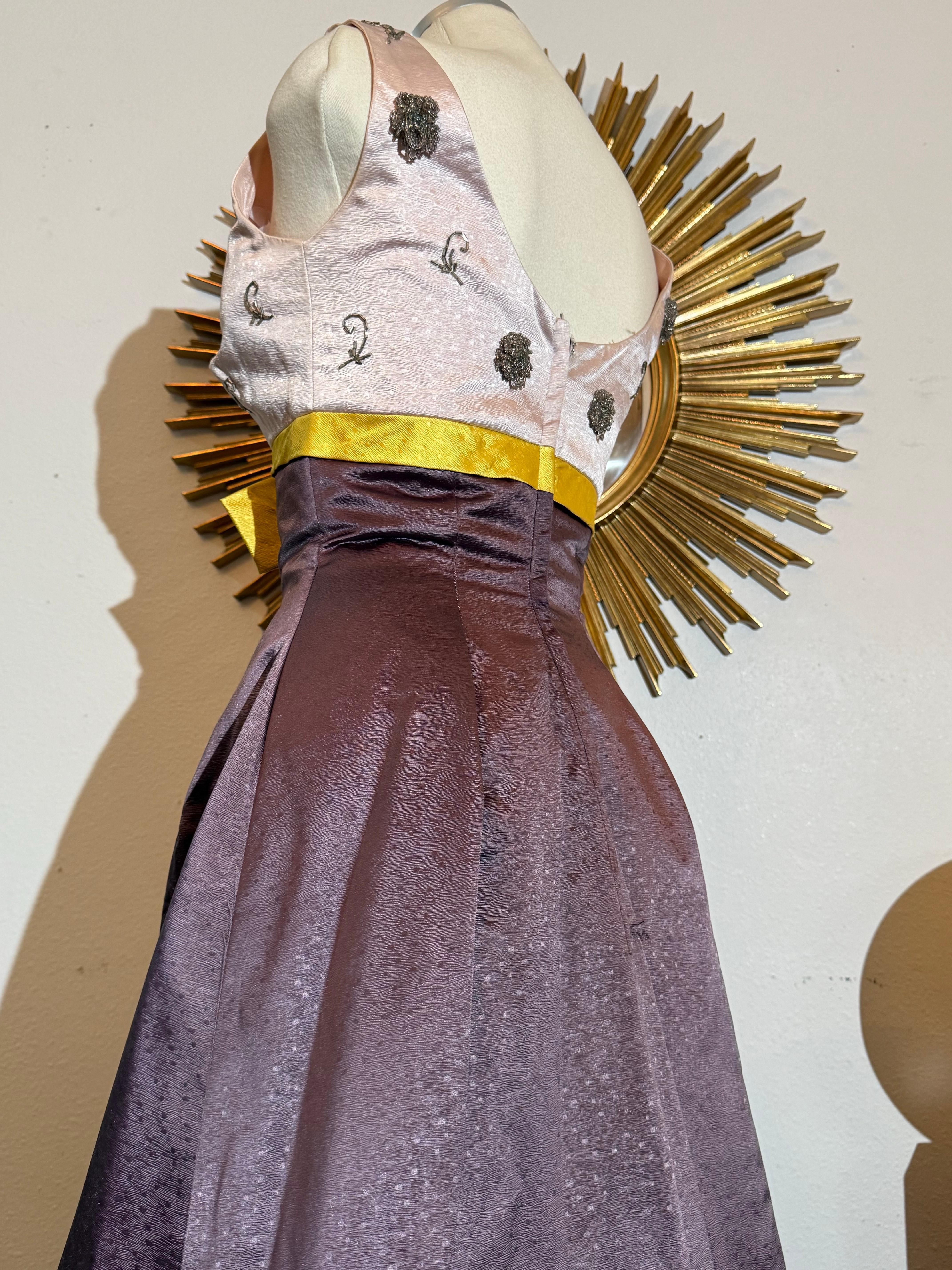 1960s Pink & Aubergine Silk Satin Gown w Beaded Structured Bust & Yellow Accent For Sale 7