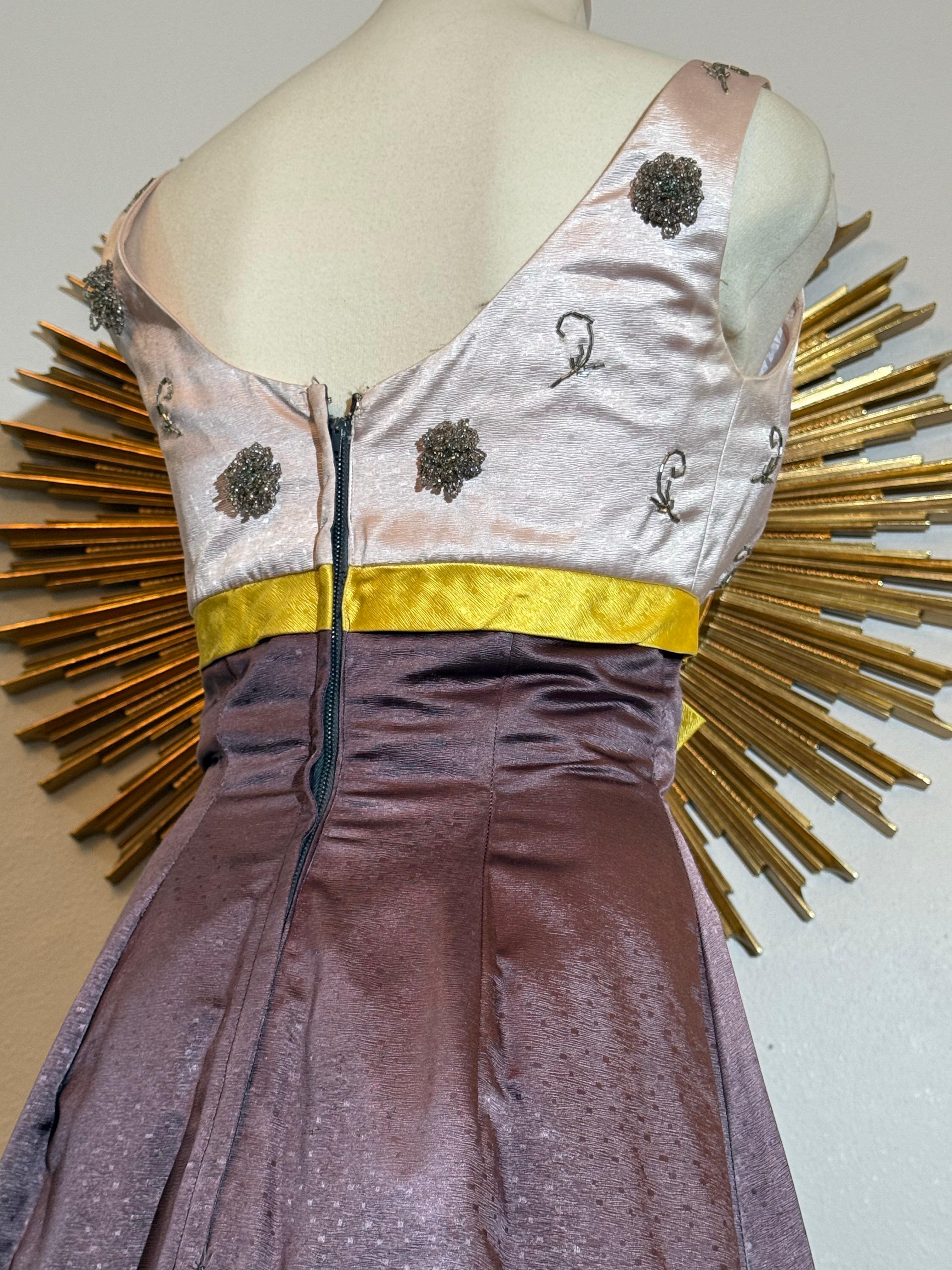 1960s Pink & Aubergine Silk Satin Gown w Beaded Structured Bust & Yellow Accent For Sale 8