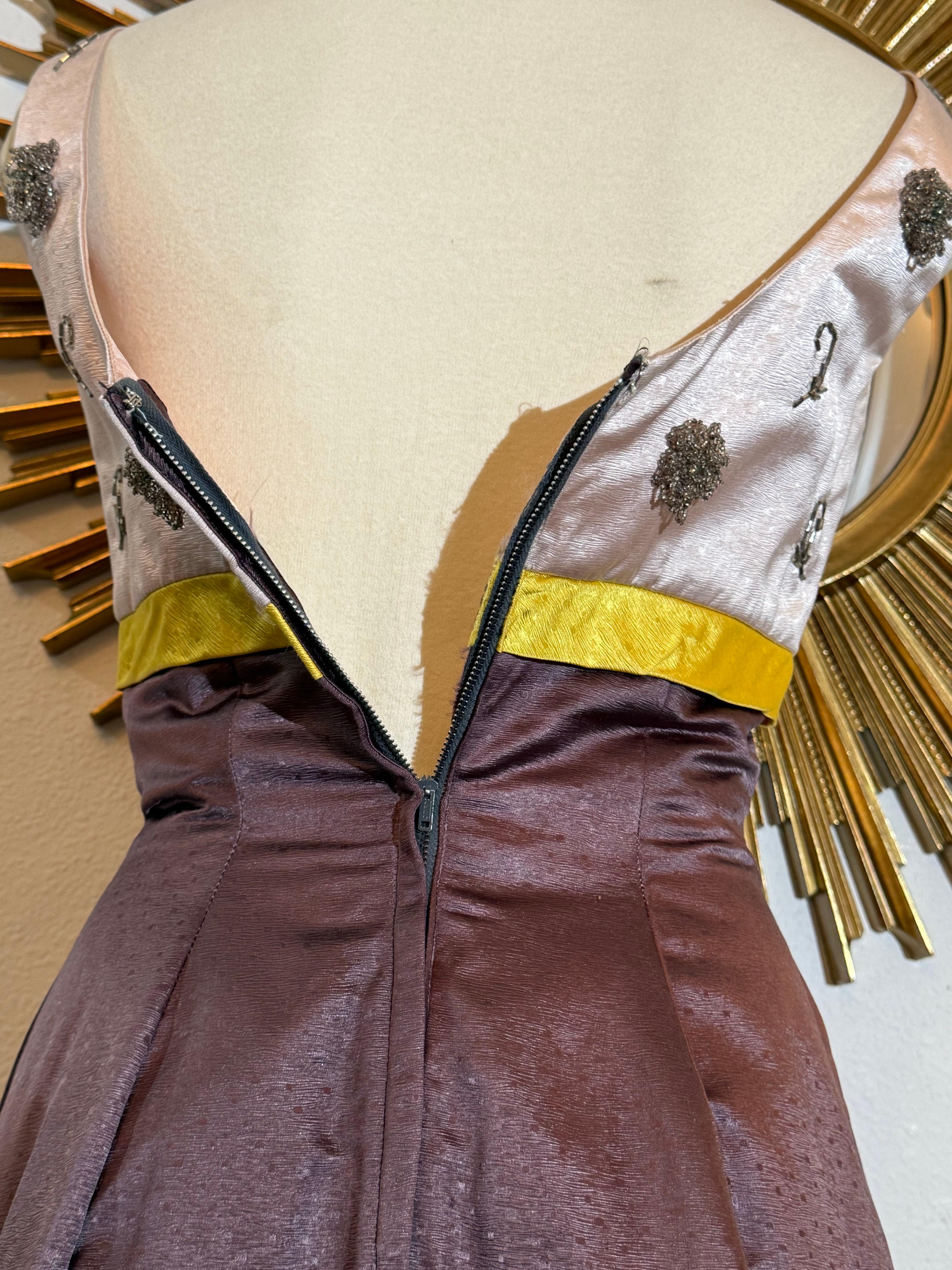 1960s Pink & Aubergine Silk Satin Gown w Beaded Structured Bust & Yellow Accent For Sale 9