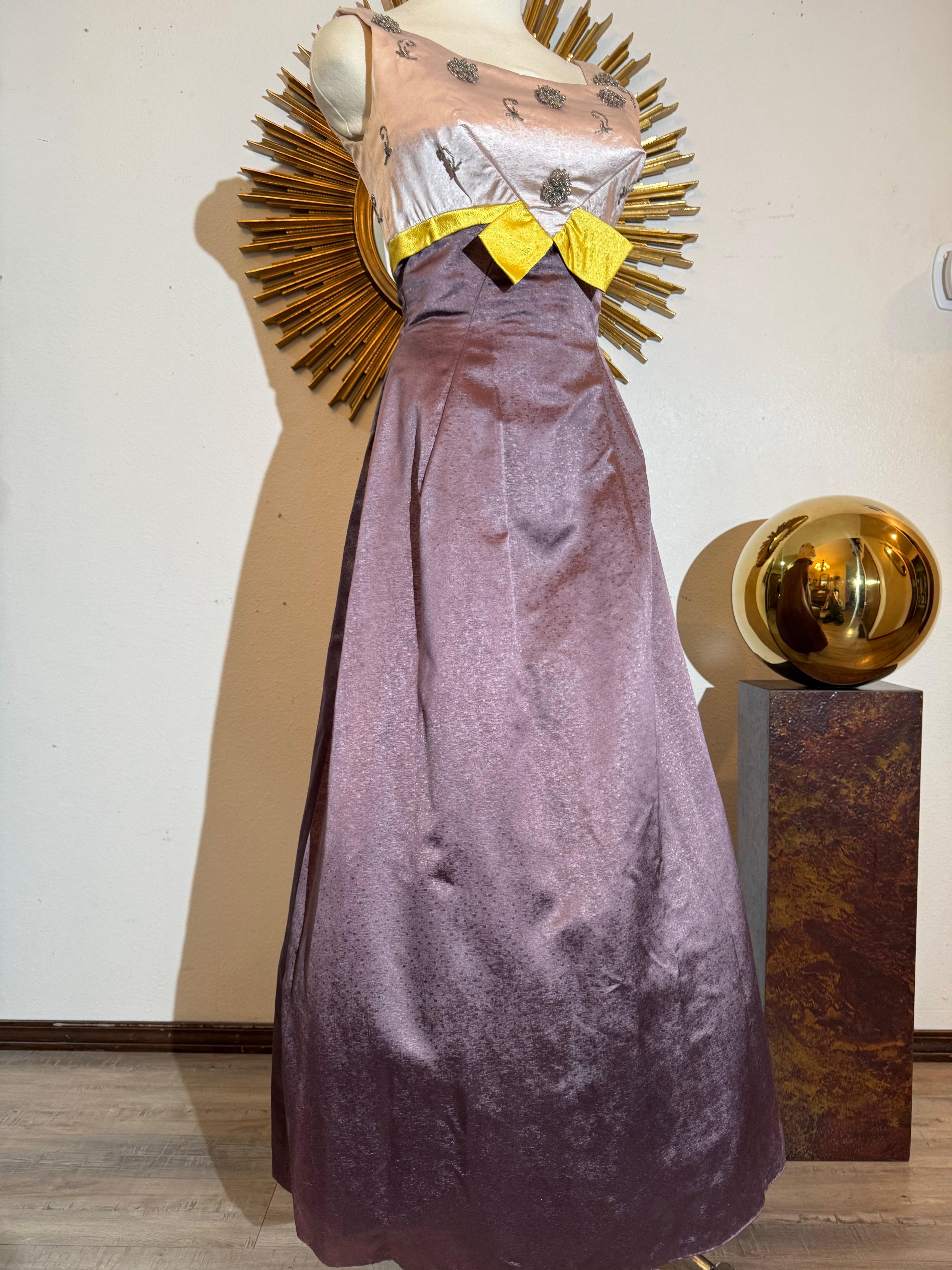 1960s Pink & Aubergine Textured Silk Satin Gown w Beaded Structured Bust & Yellow Accent: A very sophisticated and unusual color palette was utilized for this 60s stunner in textured silk satin with a Empire waistline, and highly structured