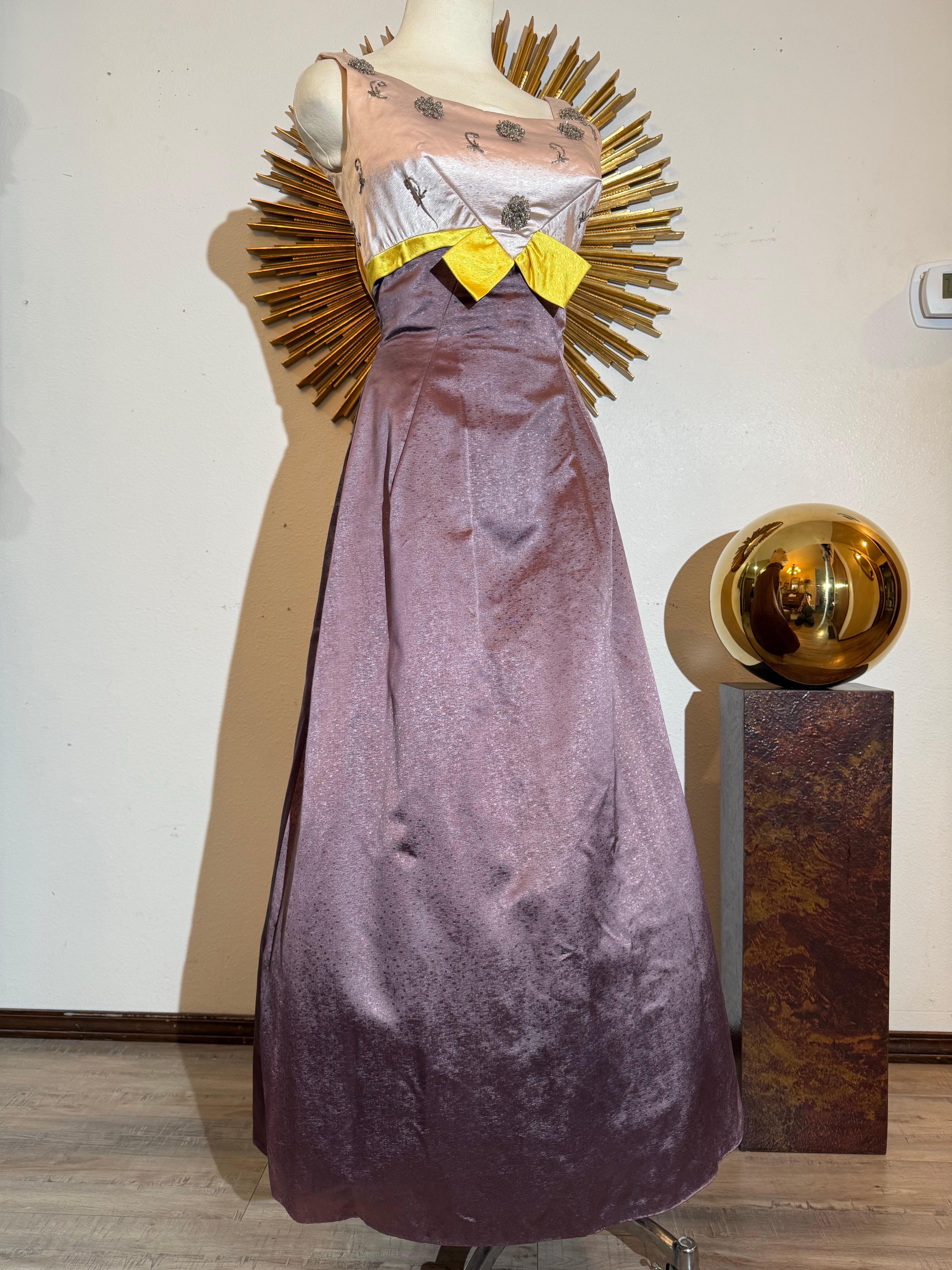 Gray 1960s Pink & Aubergine Silk Satin Gown w Beaded Structured Bust & Yellow Accent For Sale