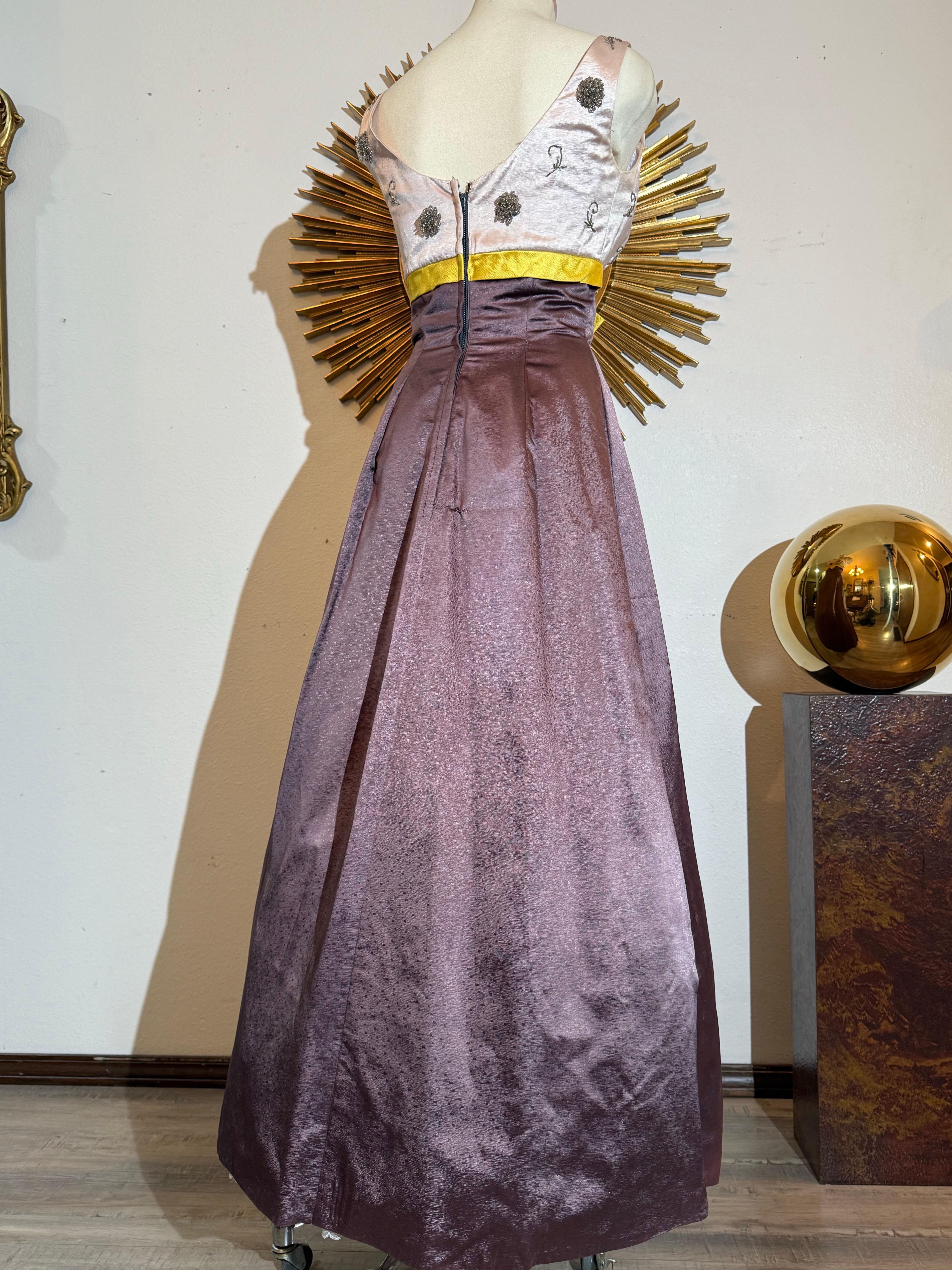 Women's 1960s Pink & Aubergine Silk Satin Gown w Beaded Structured Bust & Yellow Accent For Sale