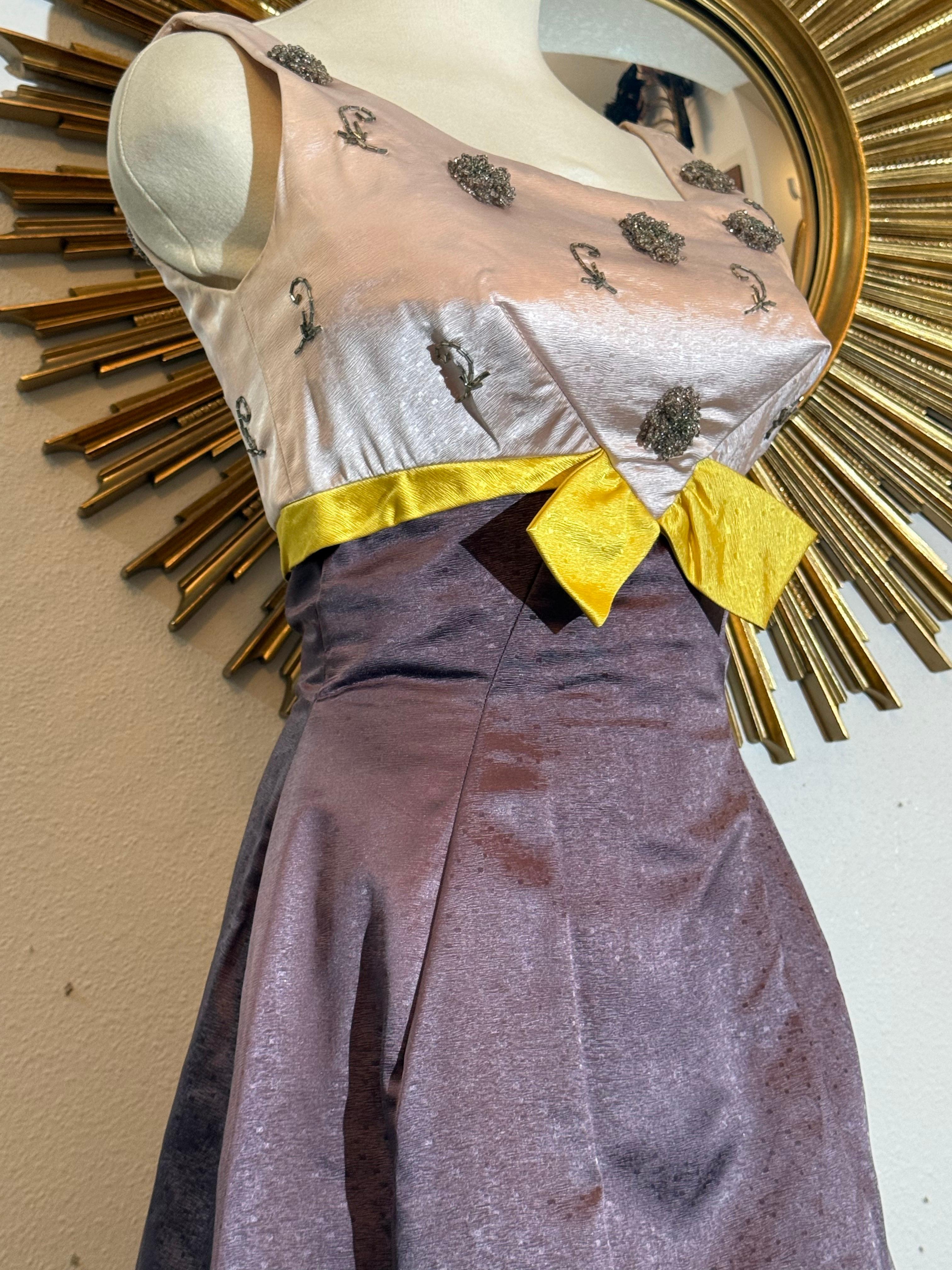 1960s Pink & Aubergine Silk Satin Gown w Beaded Structured Bust & Yellow Accent For Sale 1