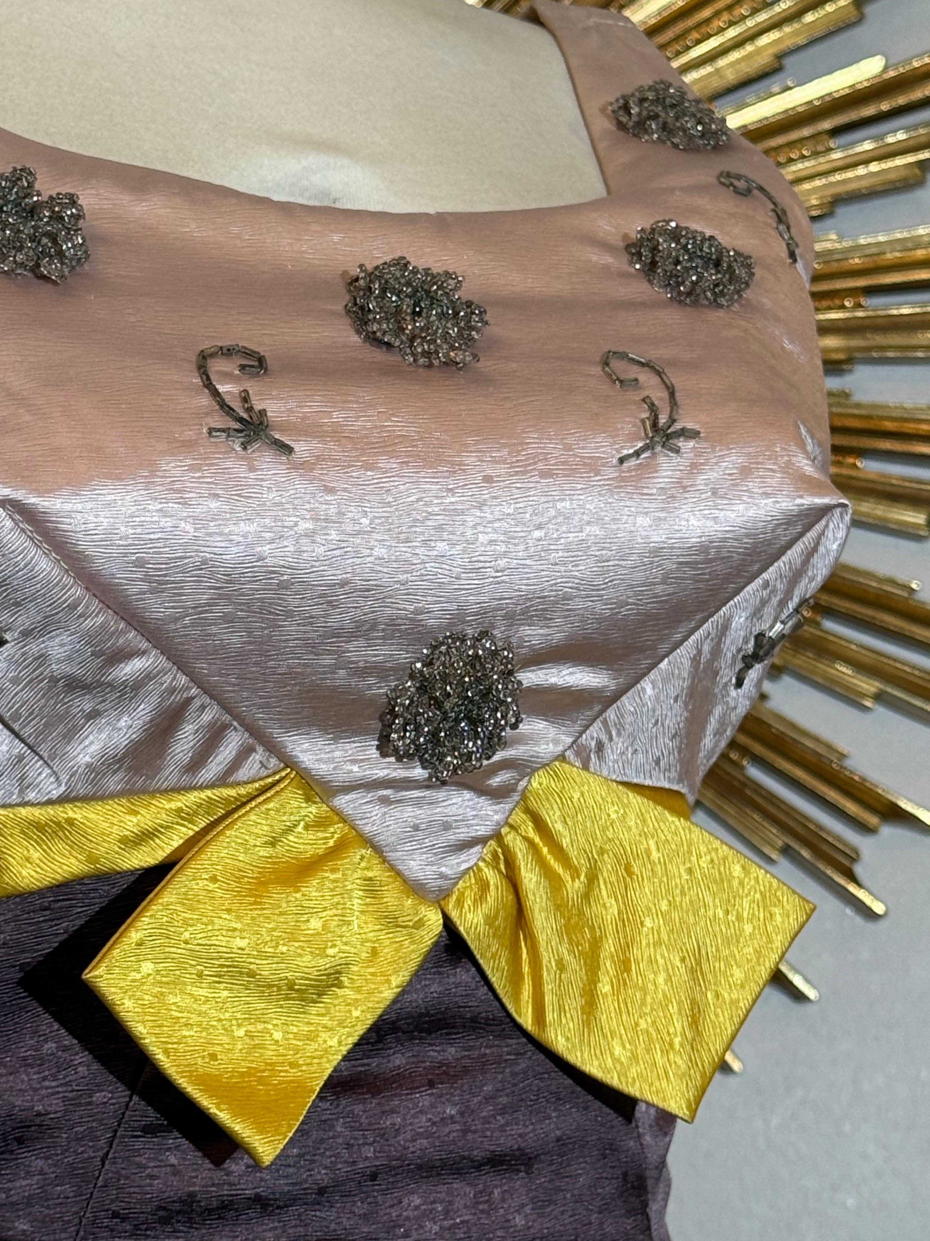 1960s Pink & Aubergine Silk Satin Gown w Beaded Structured Bust & Yellow Accent For Sale 2