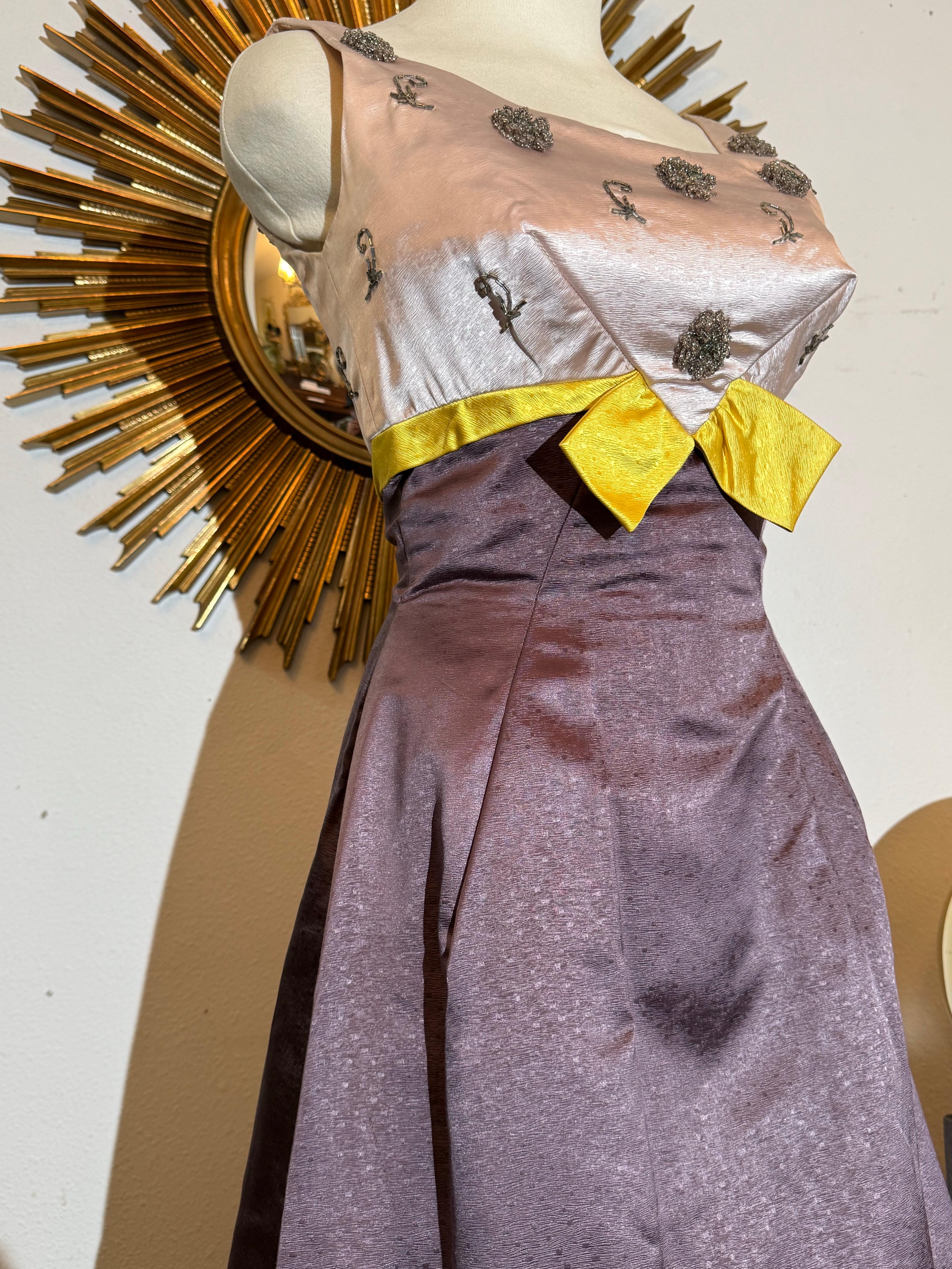 1960s Pink & Aubergine Silk Satin Gown w Beaded Structured Bust & Yellow Accent For Sale 4